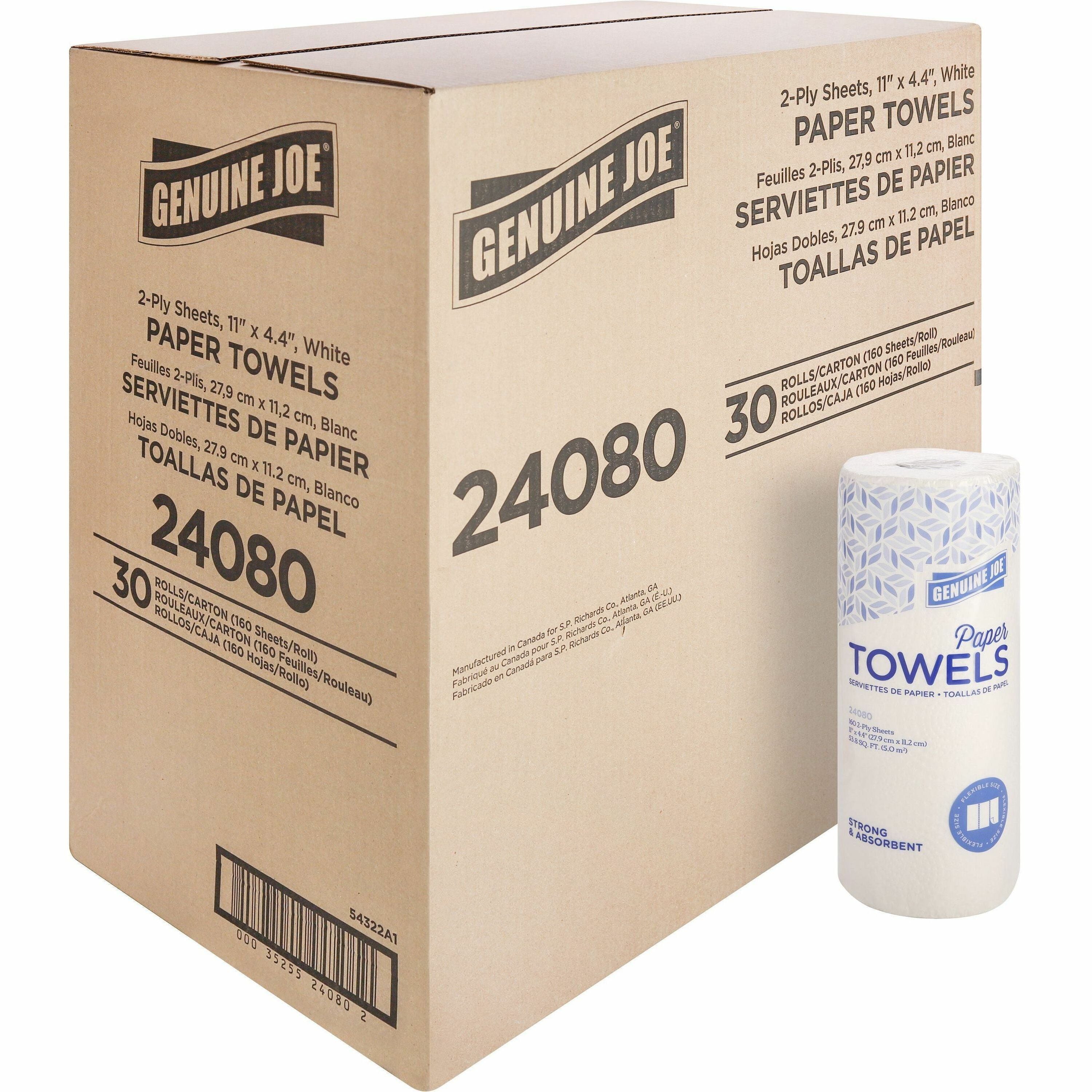 Genuine Joe Kitchen Roll Flexible Size Towels - 2 Ply - 1.63" Core - White - Flexible, Perforated, Absorbent, Soft - For Kitchen, Multipurpose - 30 / Carton -