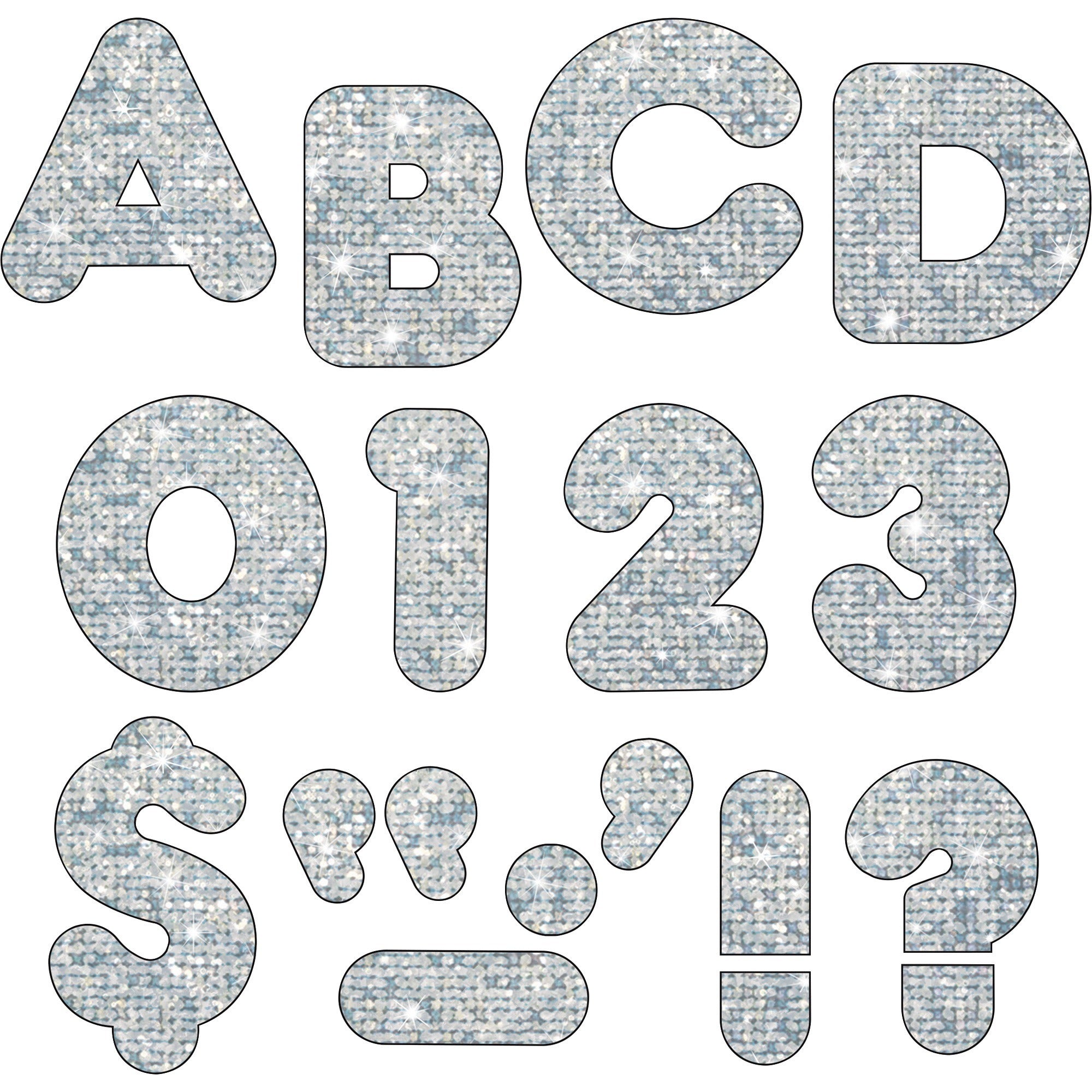 Trend 4" Sparkle Uppercase Ready Letters Set - 50 x Capital Letter, 10 x Number, 10 x Punctuation Marks Shape - Pin-up - Casual Style - 4" Height x 9" Length - Silver - Paper - 1 / Pack -