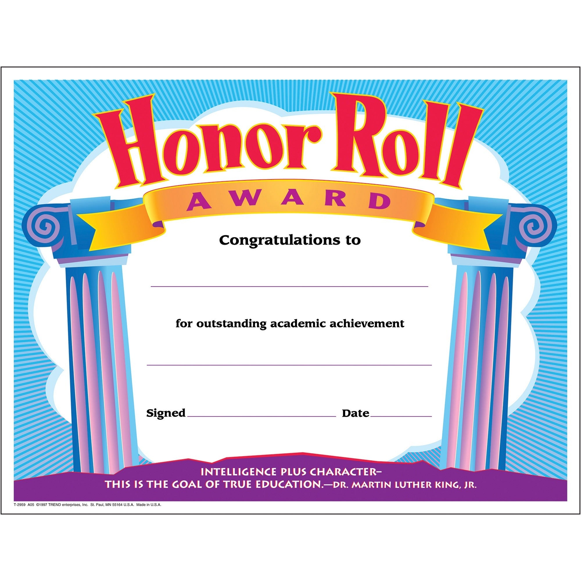 Trend Honor Roll Award Certificate - "Honor Roll Award" - 8.5" x 11" - Assorted - 30 / Pack -