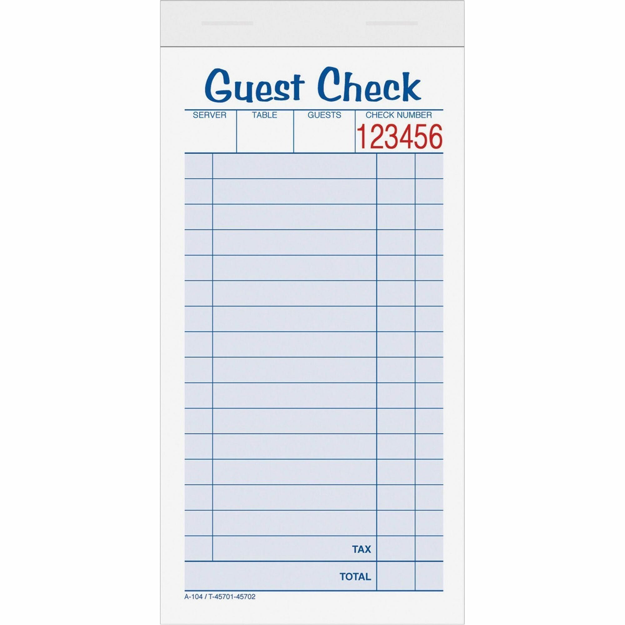 TOPS 2-part Carbonless Guest Check Books - 2 Part - 3.37" x 5.50" Sheet Size - Blue, Green, Red Print Color - 10 / Pack -