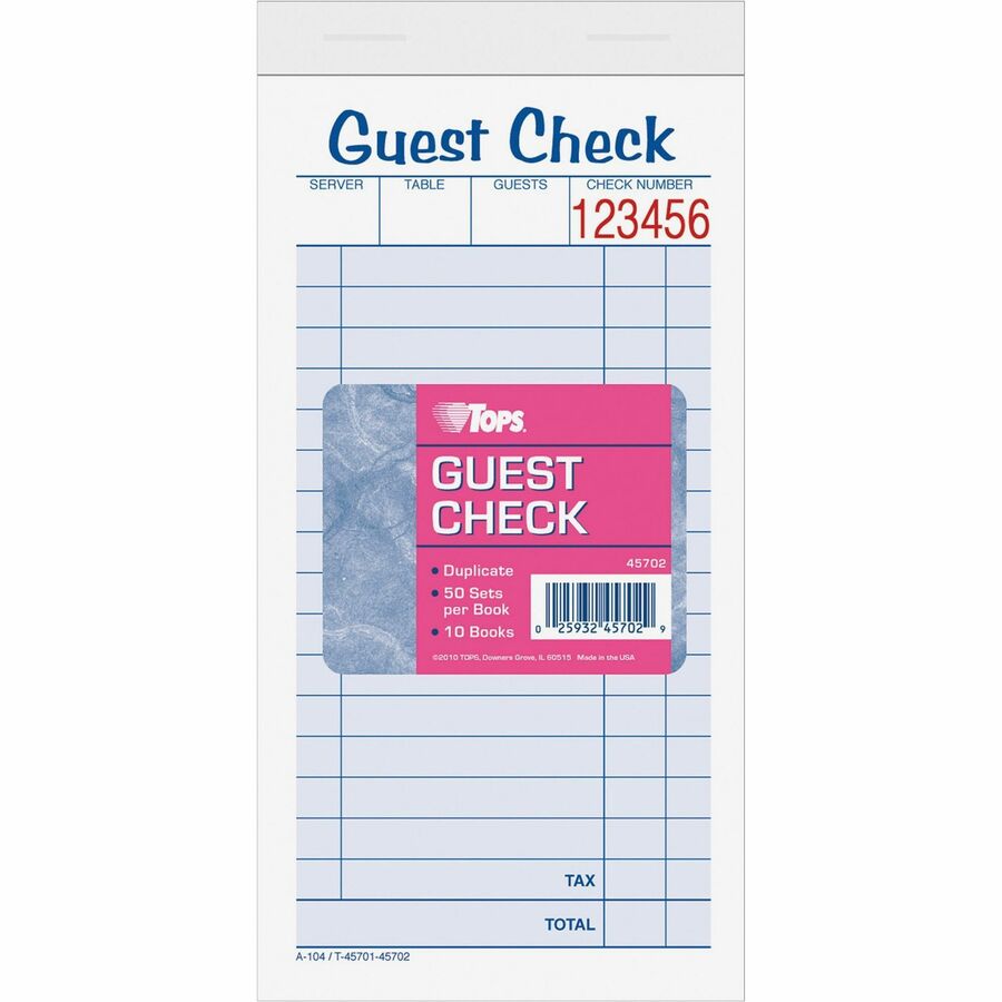 TOPS 2-part Carbonless Guest Check Books - 2 Part - 3.37" x 5.50" Sheet Size - Blue, Green, Red Print Color - 10 / Pack -