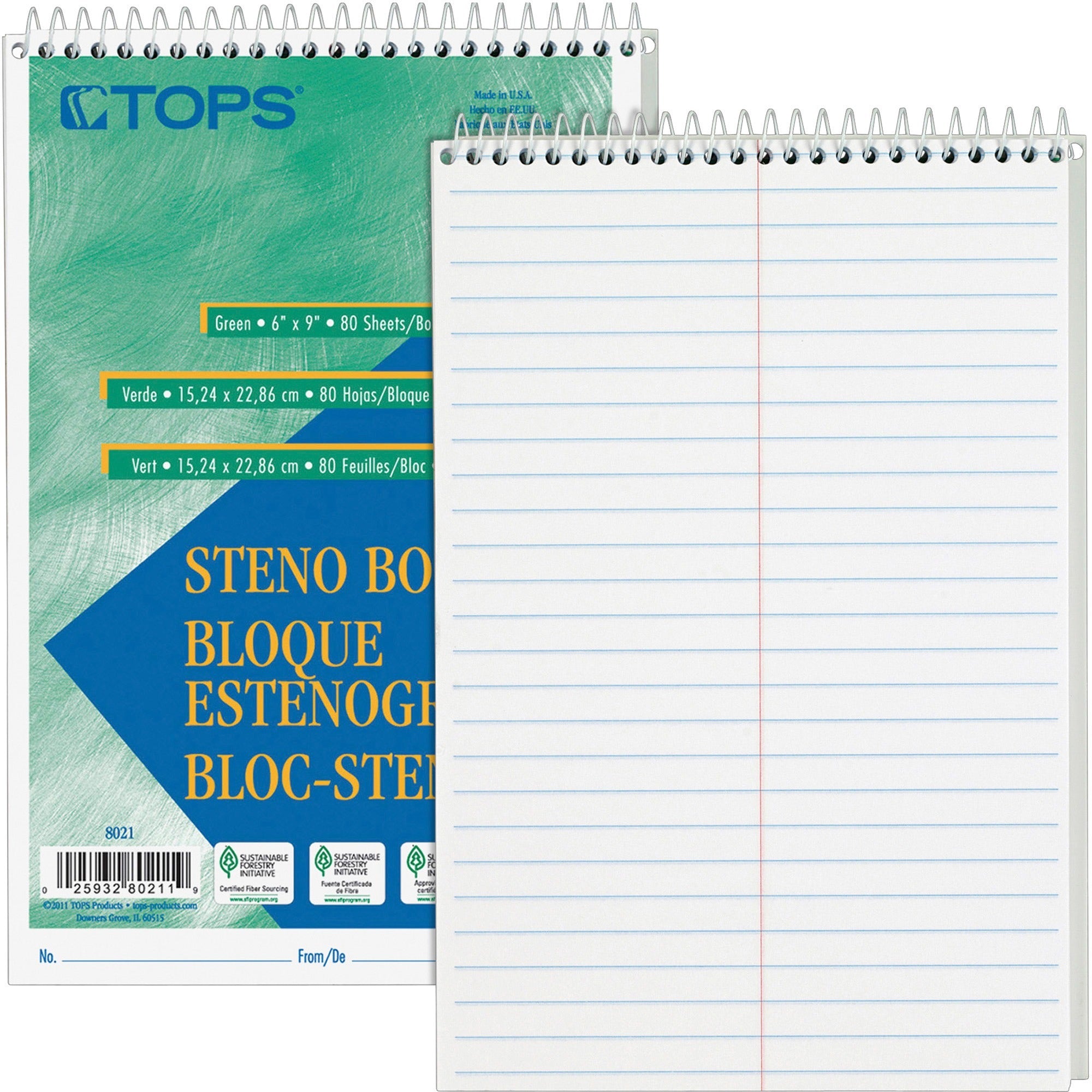 TOPS Steno Books - 80 Sheets - Wire Bound - Gregg Ruled Margin - 6" x 9" - White Paper - Hardboard Cover - WireLock - 12 / Pack -