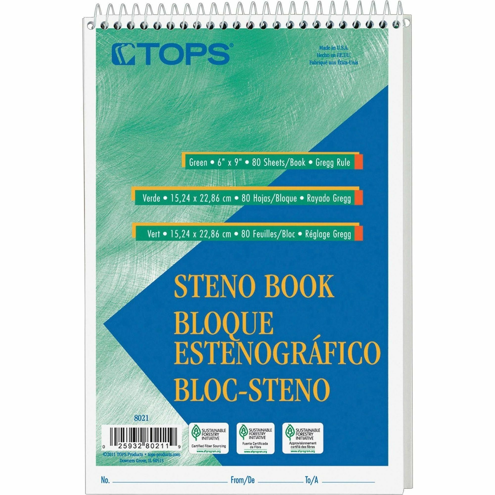 TOPS Steno Books - 80 Sheets - Wire Bound - Gregg Ruled Margin - 6" x 9" - White Paper - Hardboard Cover - WireLock - 12 / Pack -