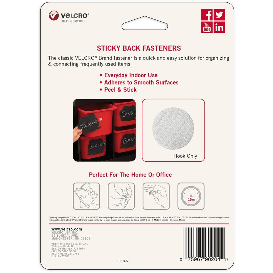 VELCRO 90204 General Purpose Sticky Back - 0.63" Dia - For Mounting, Multi Surface, Glass, Tile, Plastic, Metal - 100 / Carton - White -