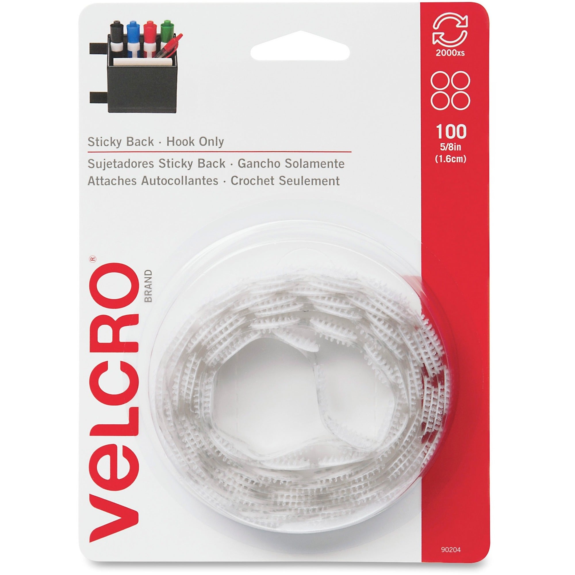 VELCRO 90204 General Purpose Sticky Back - 0.63" Dia - For Mounting, Multi Surface, Glass, Tile, Plastic, Metal - 100 / Carton - White -