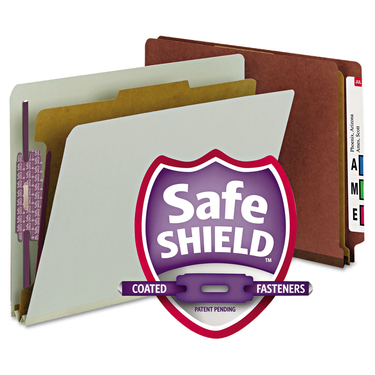 End Tab Pressboard Classification Folders, Four SafeSHIELD Fasteners, 2" Expansion, 1 Divider, Letter Size, Red, 10/Box -