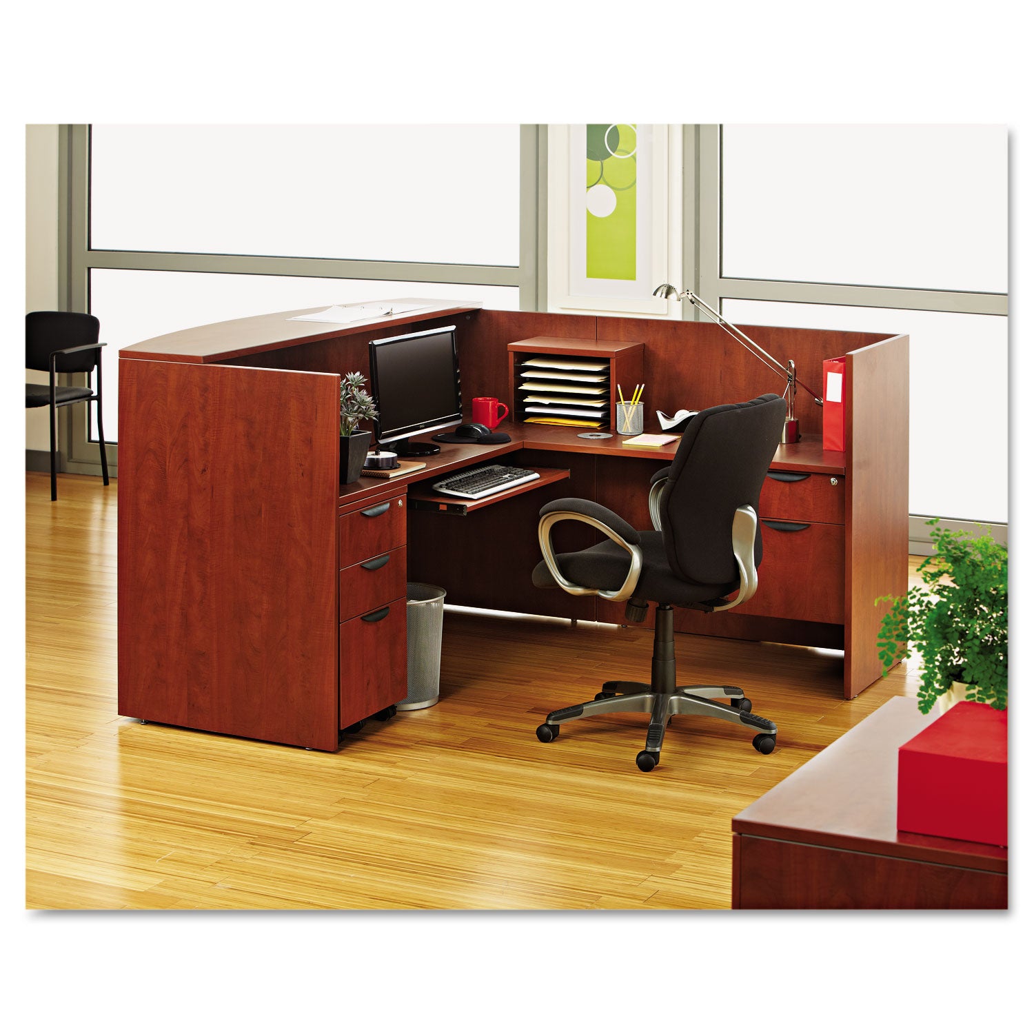 Alera Valencia Series Reception Desk with Transaction Counter, 71" x 35.5" x 29.5" to 42.5", Medium Cherry -