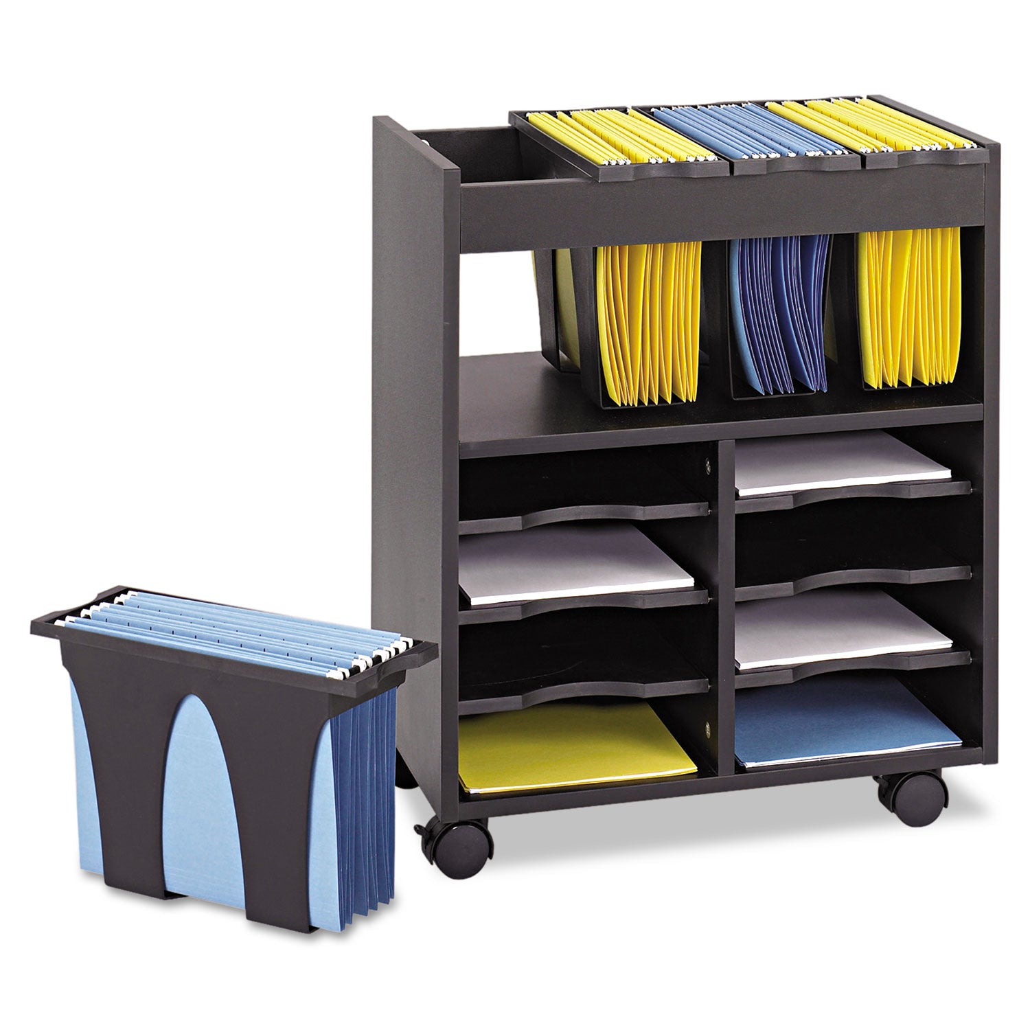 Go Cart Mobile File, Engineered Wood, 8 Shelves, 4 Bins, 14.5" x 21.5" x 26.25", Black -