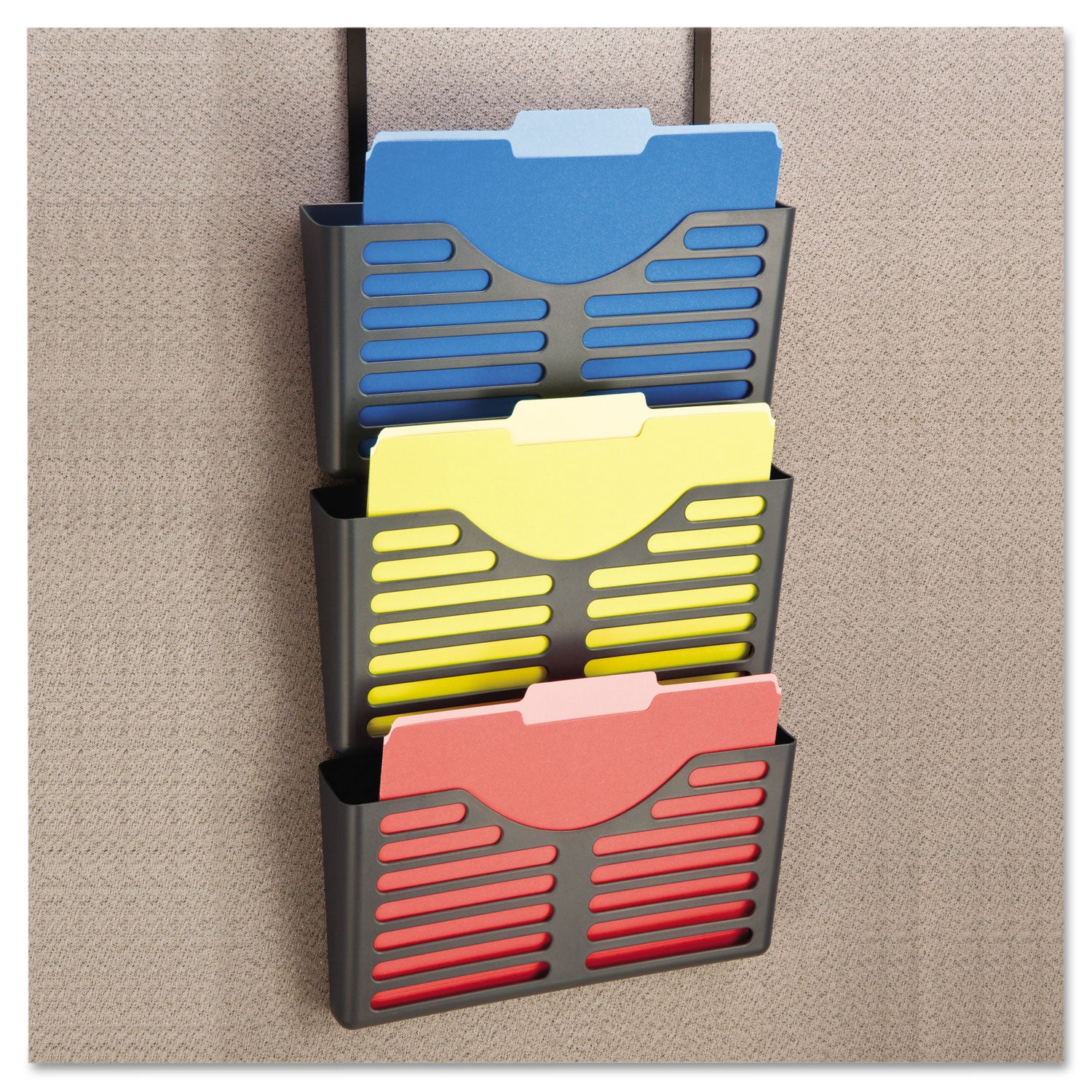 Recycled Plastic Cubicle Triple File Pocket, Cubicle Pins Mount, 13.5 x 4.75 x 28, Charcoal -