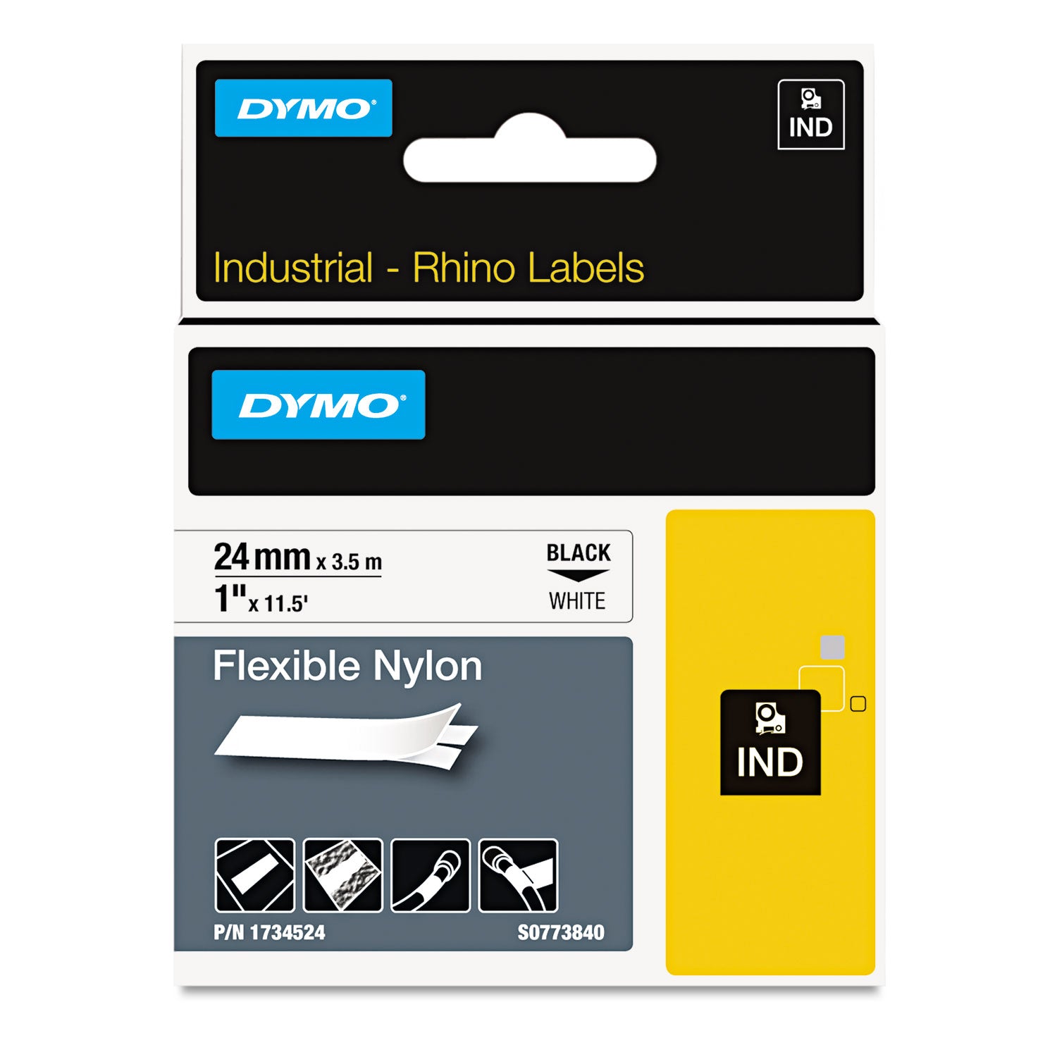Rhino Flexible Nylon Industrial Label Tape, 1" x 11.5 ft, White/Black Print -
