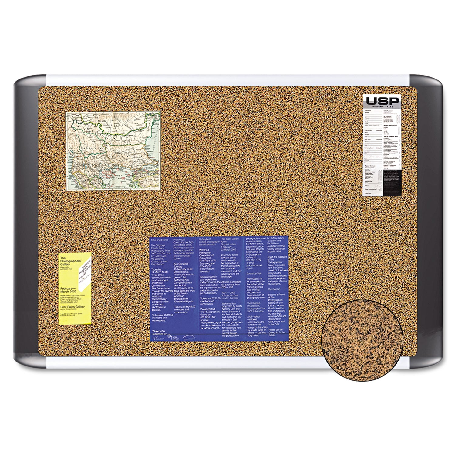 Tech Cork Board, 72 x 48, Tan Surface, Silver/Black Aluminum Frame -