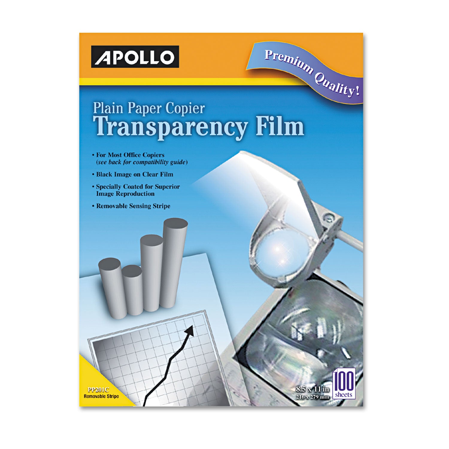 Plain Paper Laser Transparency Film with Handling Strip, 8.5 x 11, Black on Clear, 100/Box -