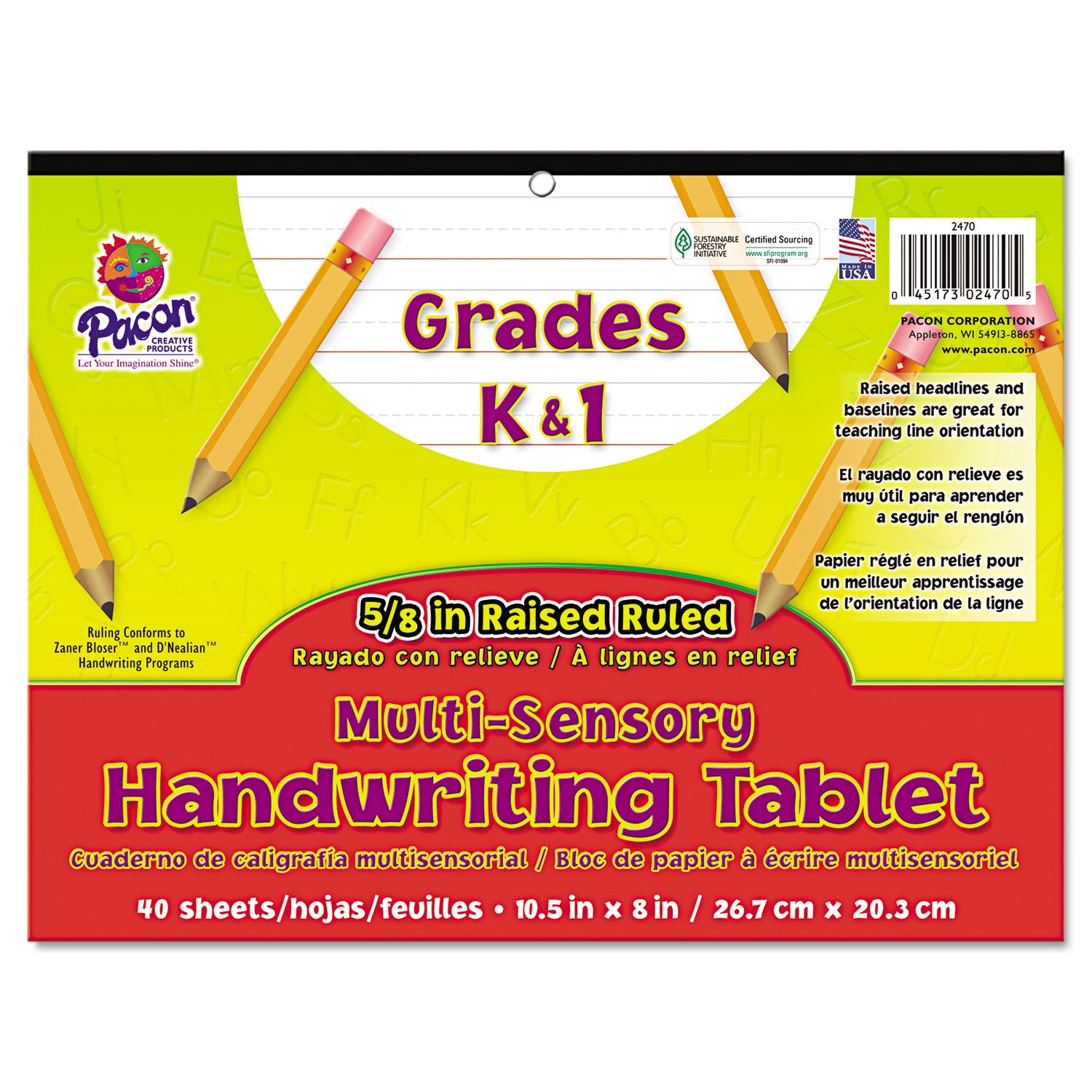 Multi-Sensory Handwriting Tablet, 5/8" Long Rule, 8 x 10.5, 40/Pad -