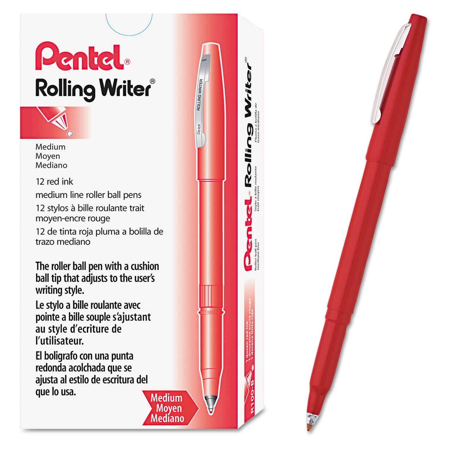 Rolling Writer Roller Ball Pen, Stick, Medium 0.8 mm, Red Ink, Red Barrel, Dozen -