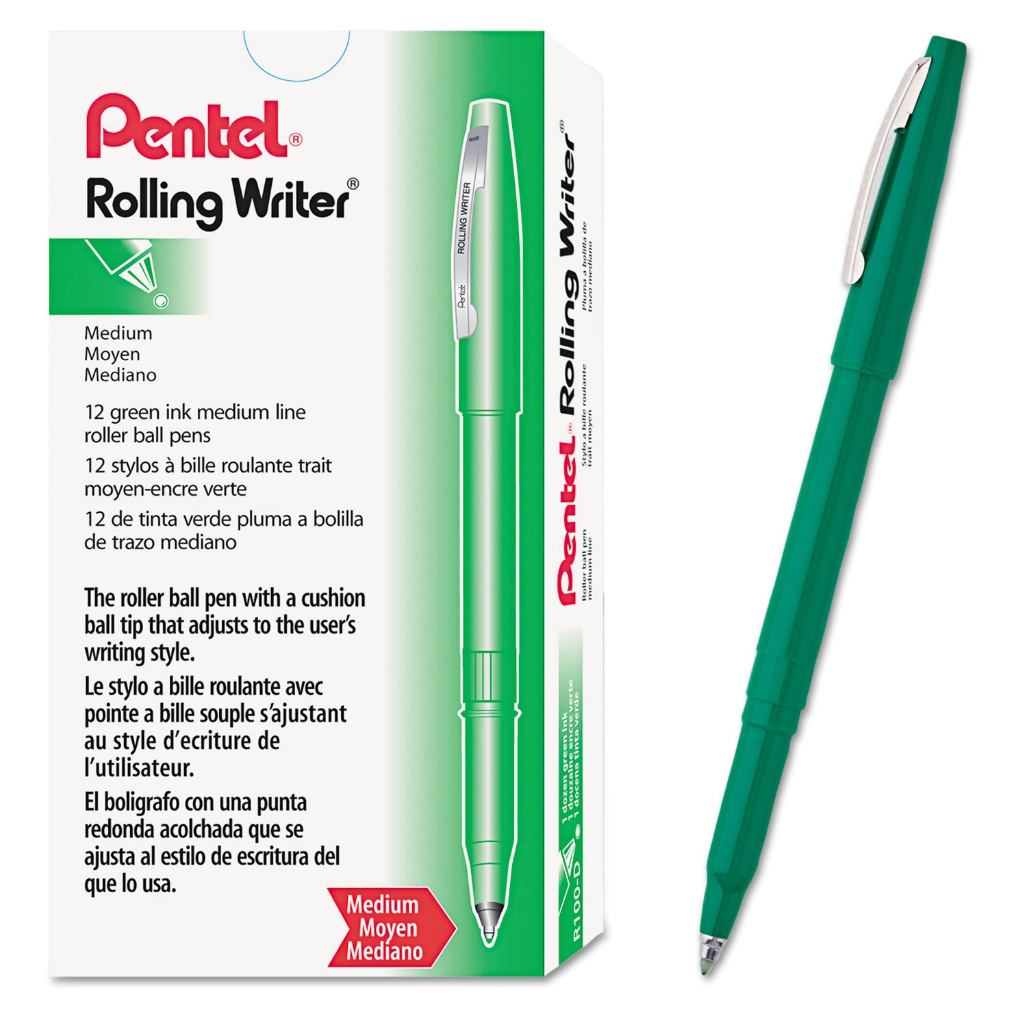 Rolling Writer Roller Ball Pen, Stick, Medium 0.8 mm, Green Ink, Green Barrel, Dozen -
