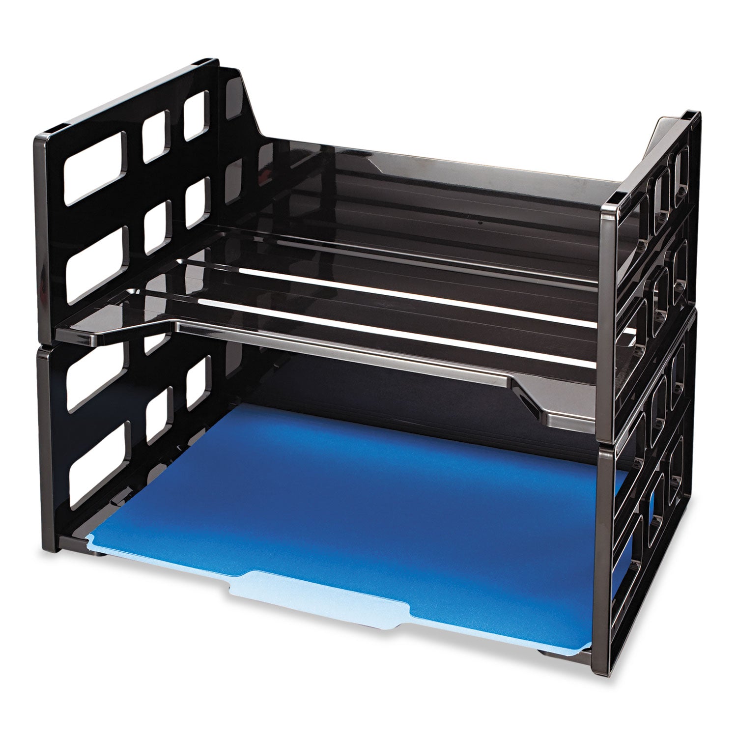 High Rise Desk Tray, 2 Sections, Letter Size Files, 13.25" x 9" x 10.25", Black, 2/Pack -