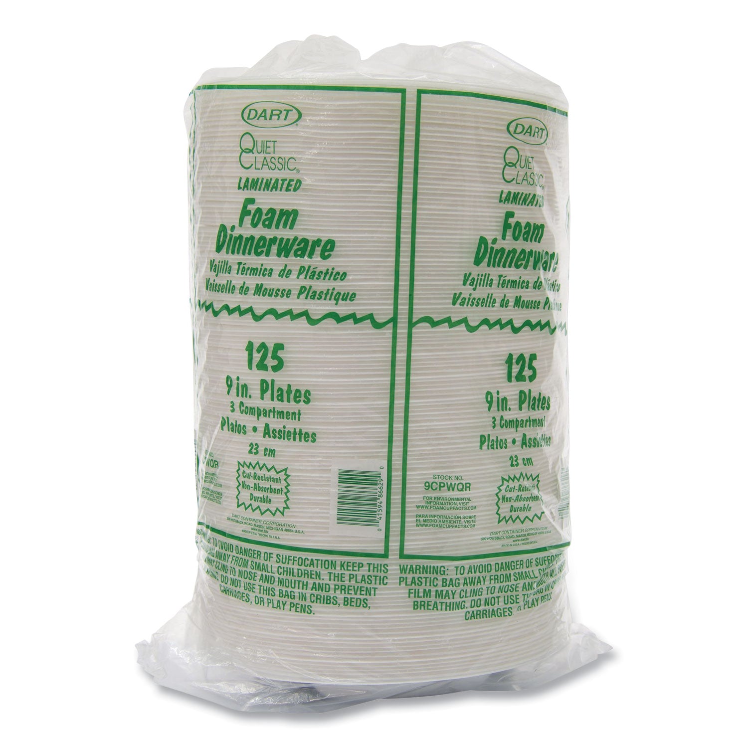 Quiet Classic Laminated Foam Plates, 3-Compartment, 9" dia, White, 125/Pack, 4 Packs/Carton -