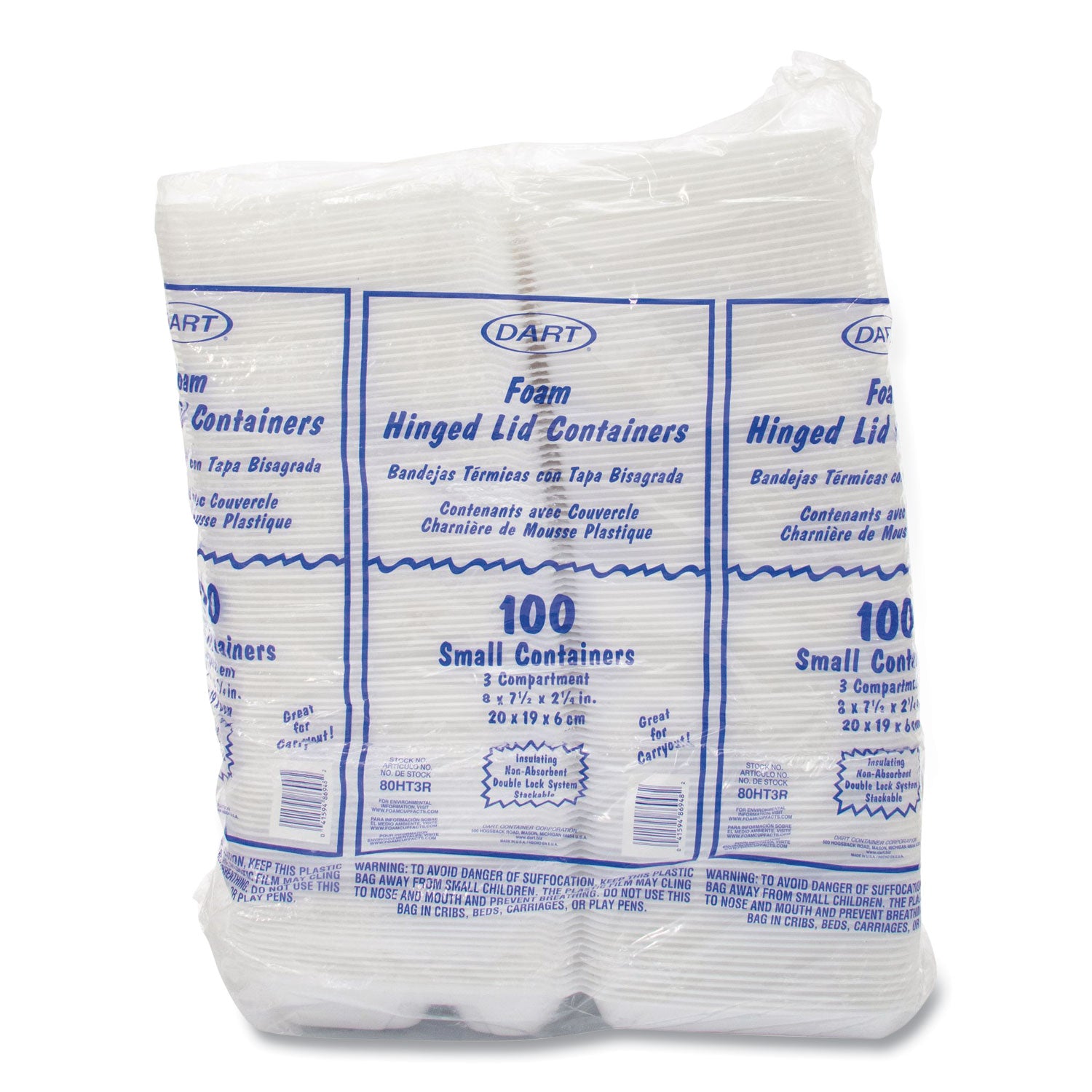 Foam Hinged Lid Containers, 3-Compartment, 7.5 x 8 x 2.3, White, 200/Carton -