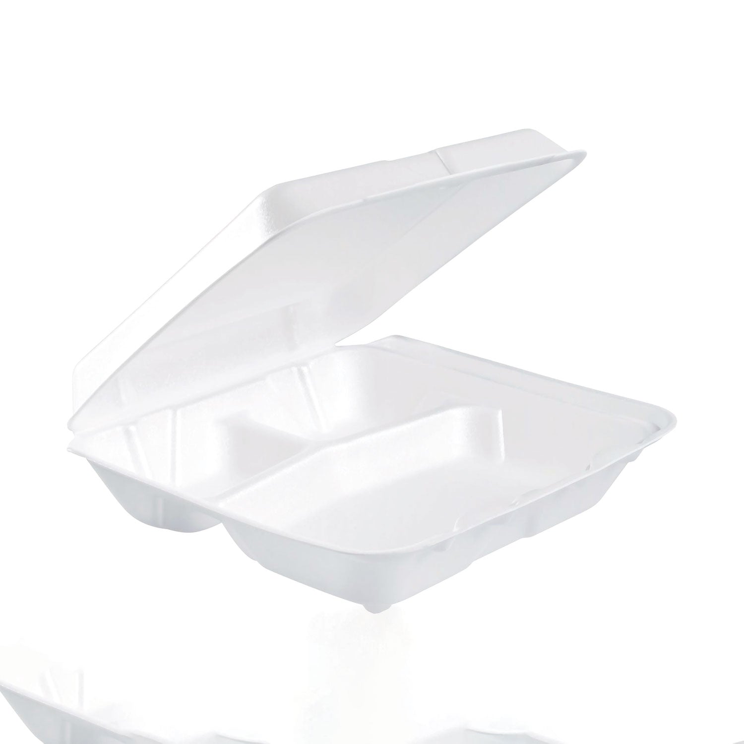 Foam Hinged Lid Containers, 3-Compartment, 7.5 x 8 x 2.3, White, 200/Carton -