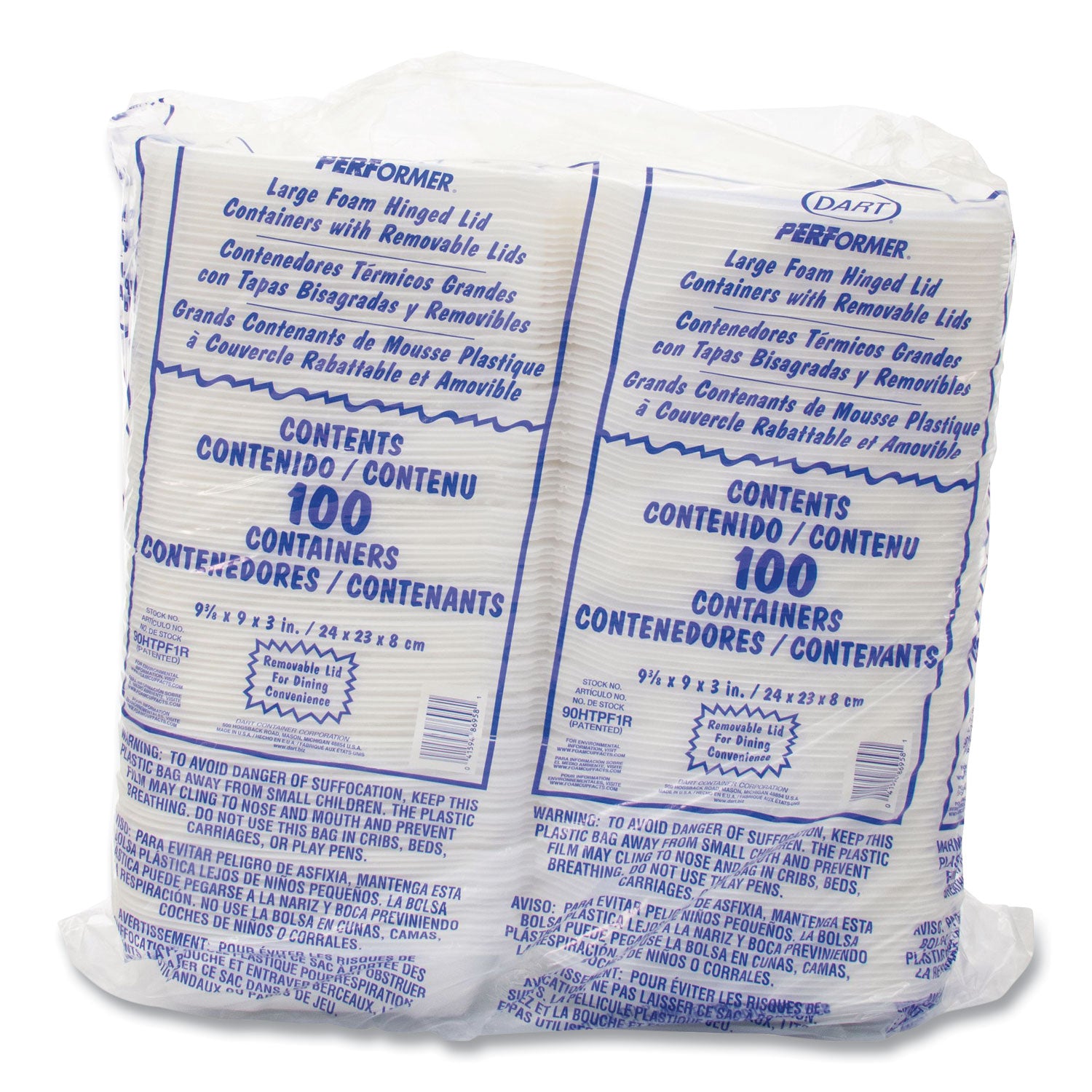 Foam Hinged Lid Container, Performer Perforated Lid, 9 x 9.4 x 3, White, 100/Bag, 2 Bag/Carton -
