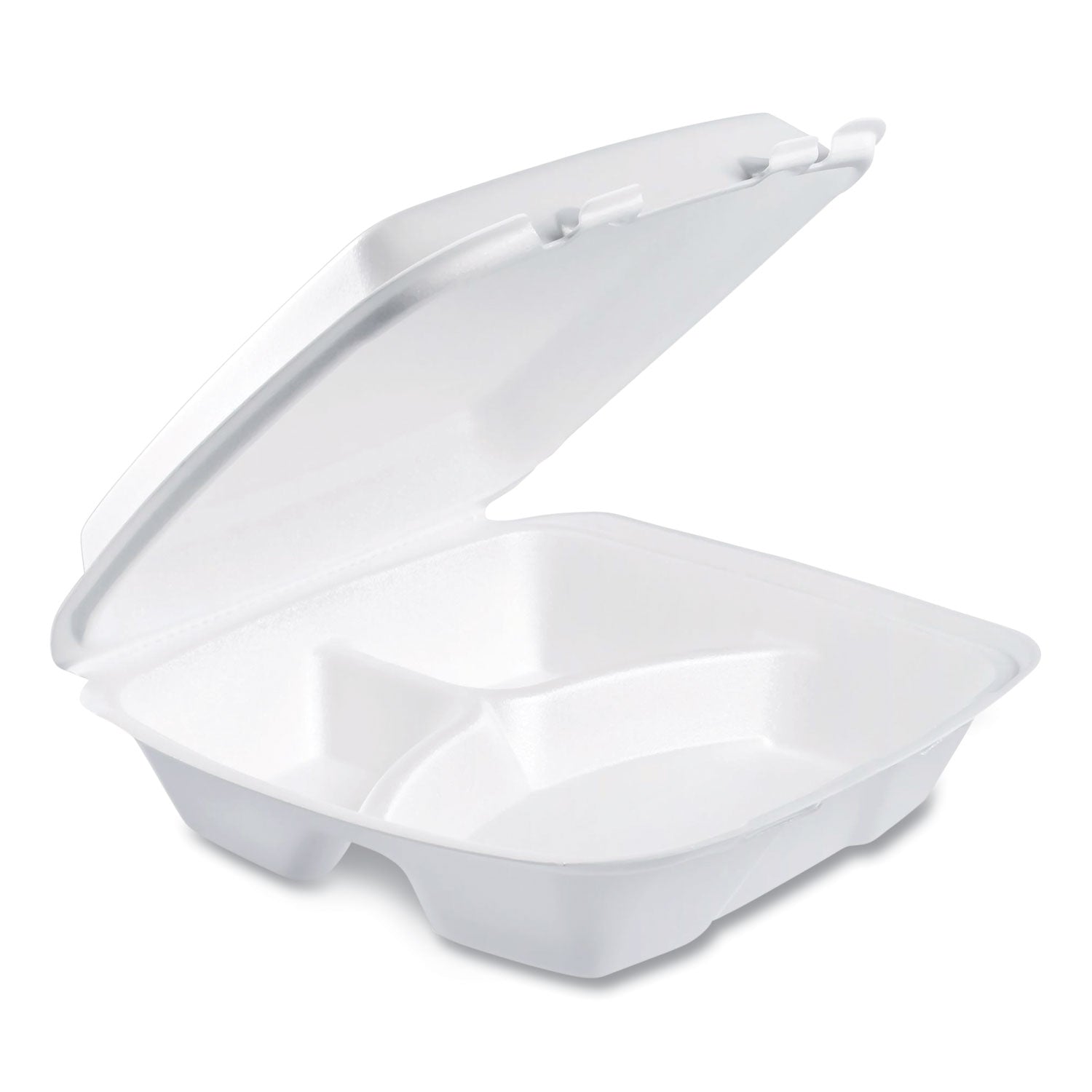 Foam Hinged Lid Container, Performer Perforated Lid, 3-Compartment, 9 x 9.4 x 3, White, 100/Bag, 2 Bag/Carton -