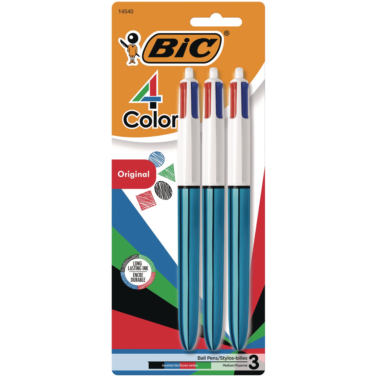 4-Color Multi-Color Ballpoint Pen, Retractable, Medium 1mm, Black/Blue/Green/Red Ink, Randomly Assorted Barrel Colors, 3/Pack -