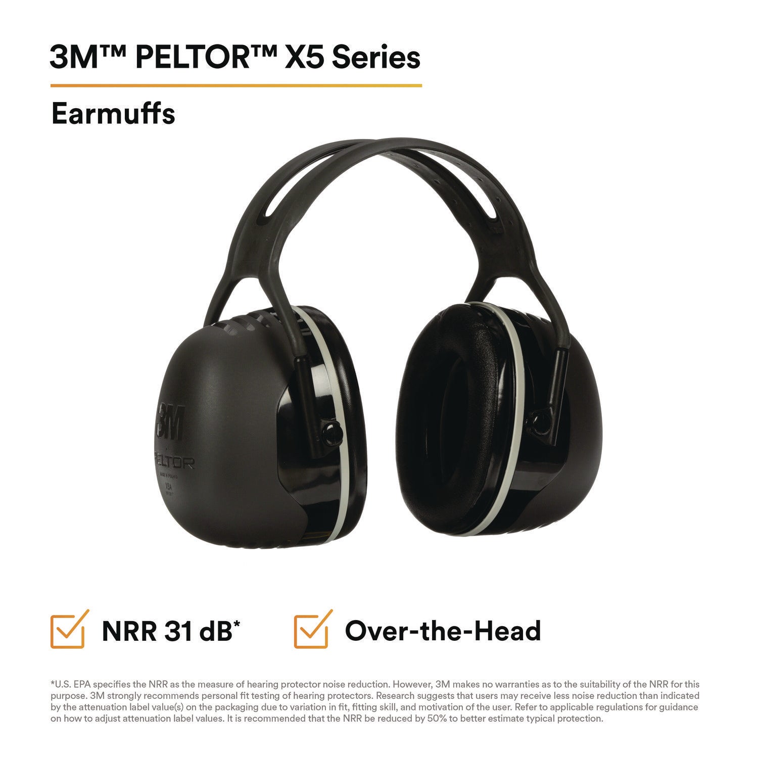 PELTOR X Series Earmuffs, Model X5A, 31 dB NRR, Black -