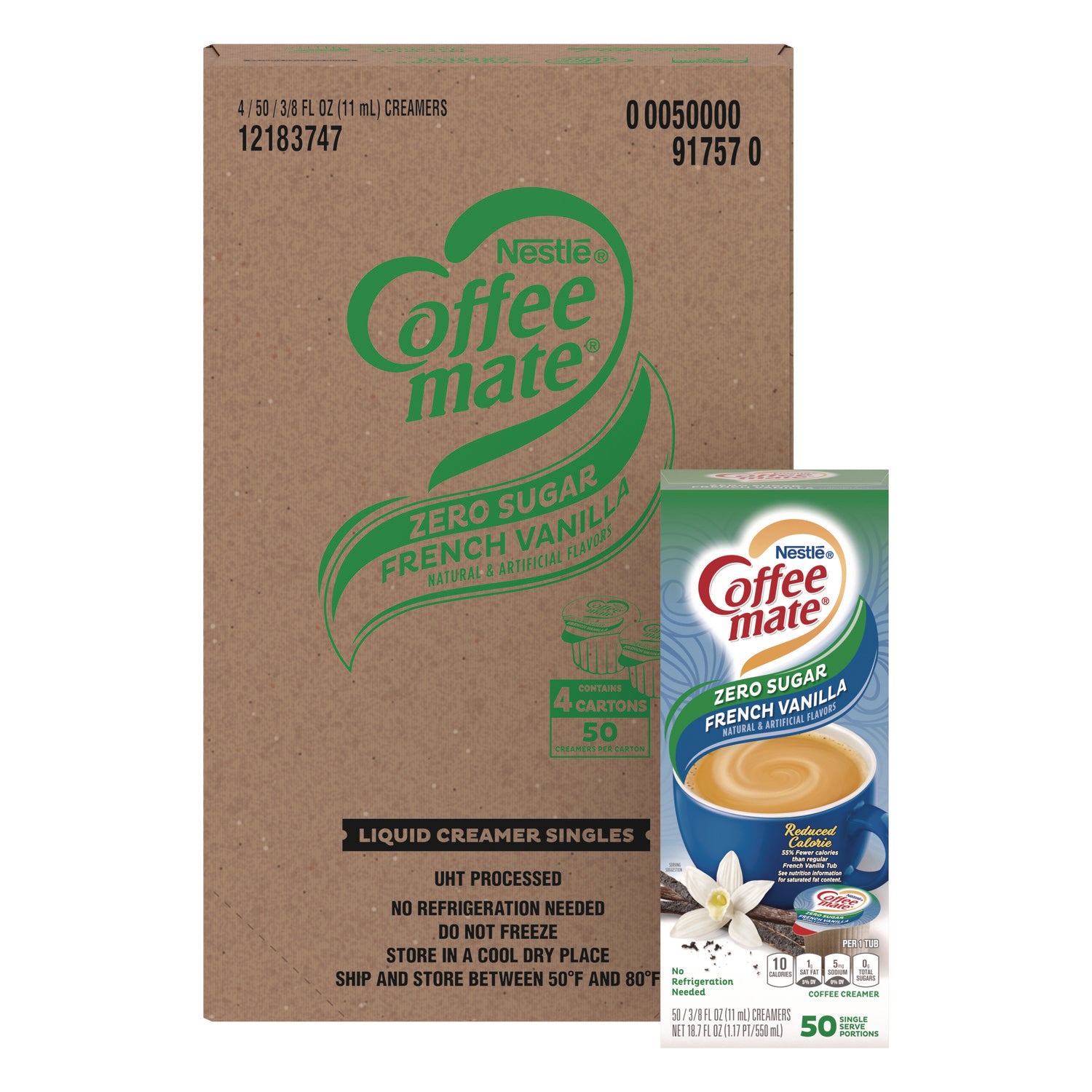 liquid-coffee-creamer-zero-sugar-french-vanilla-038-oz-mini-cups-50-box-4-boxes-carton-200-total-carton_nes91757ct - 1