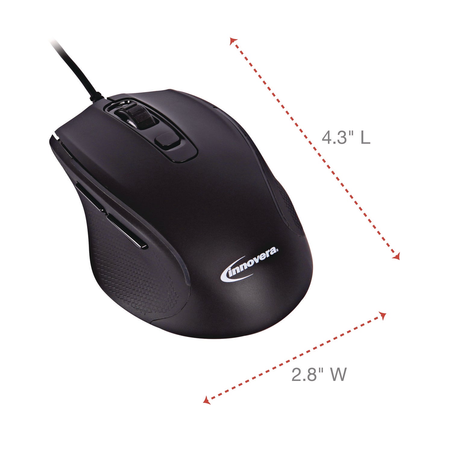 Full-Size Wired Optical Mouse, USB 2.0, Right Hand Use, Black -
