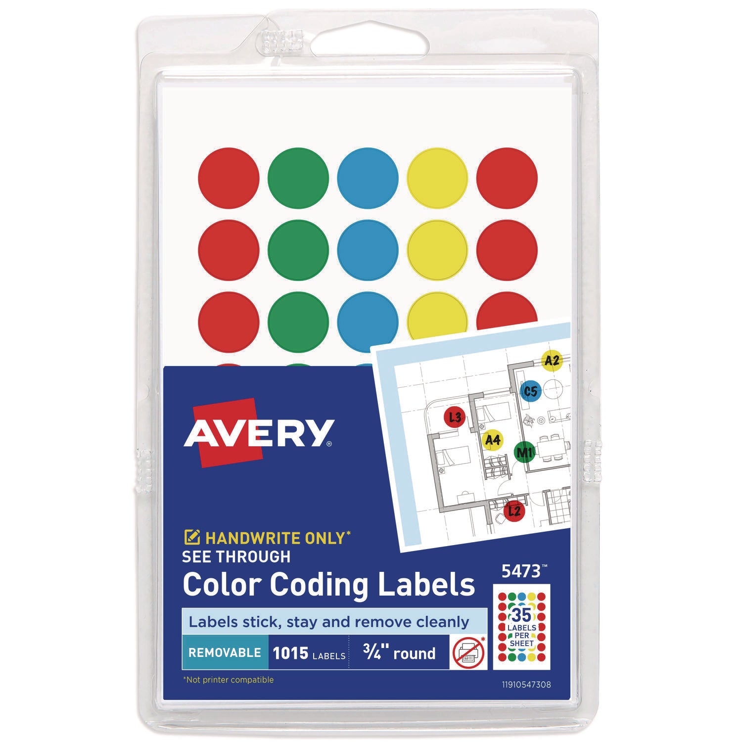 Handwrite-Only Self-Adhesive "See Through" Removable Round Color Dots, 0.75" dia, Assorted, 35/Sheet, 29 Sheets/Pack, (5473) -