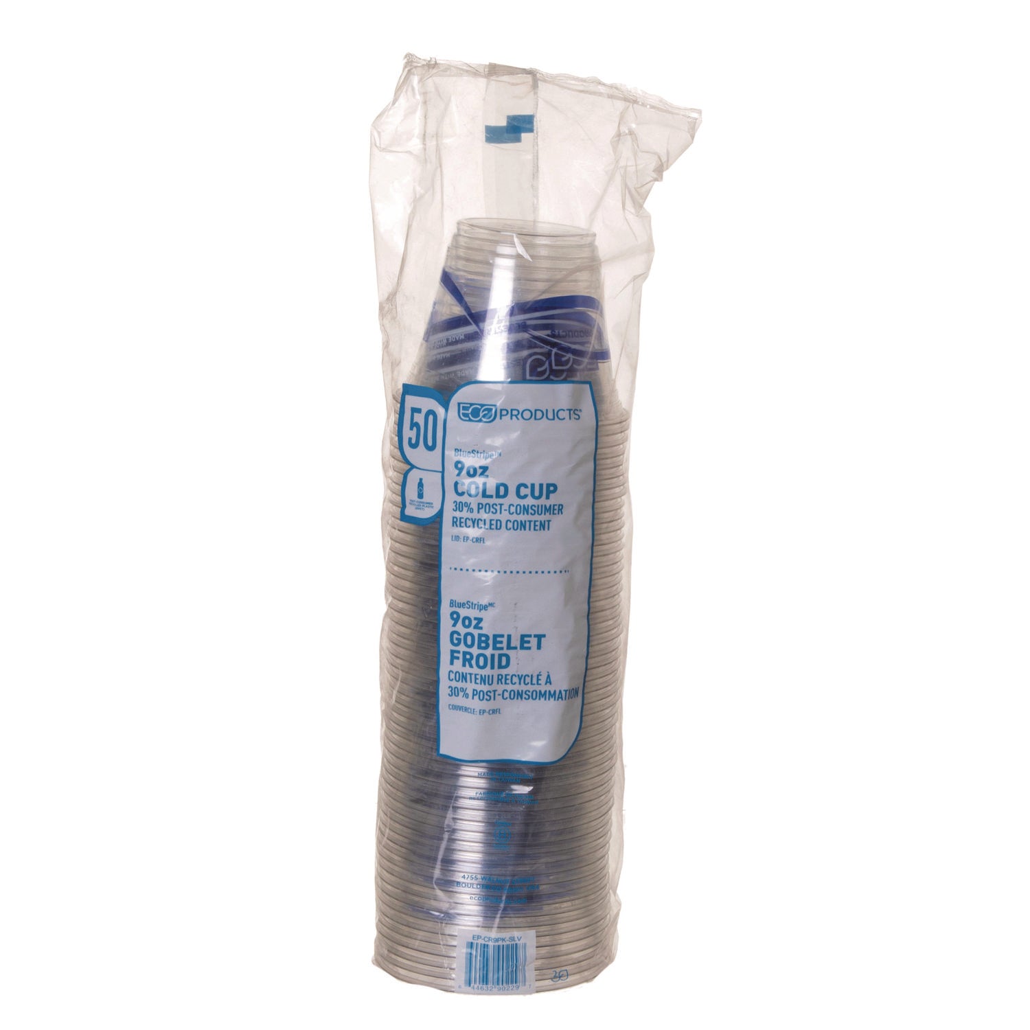 BlueStripe 25% Recycled Content Cold Cups, 9 oz, Clear/Blue, 50/Pack, 20 Packs/Carton -
