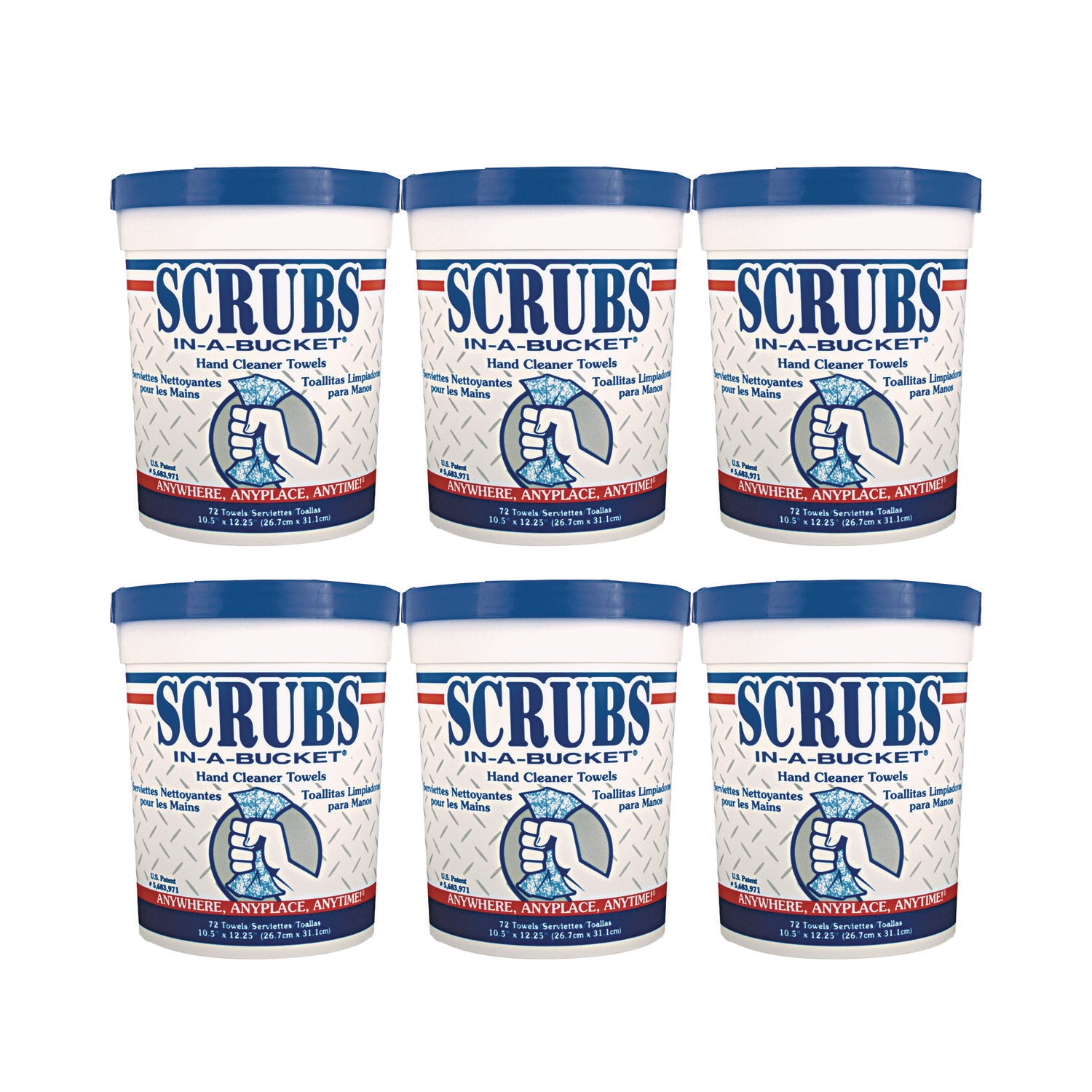 Hand Cleaner Towels, 1-Ply, 10 x 12, Citrus, Blue/White, 72/Bucket, 6 Buckets/Carton -
