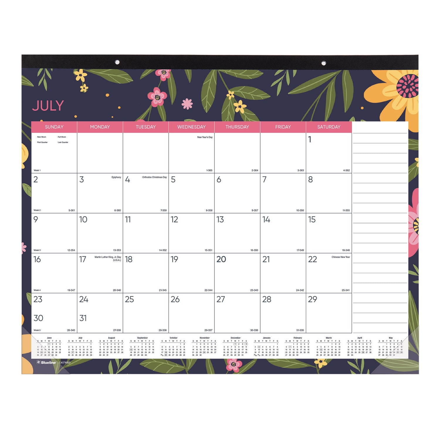 Spring Monthly Academic Desk Pad Calendar, Colorful Blossom Artwork, 22 x 17, Black Binding, 18-Month (July-Dec): 2023-2024 - 1