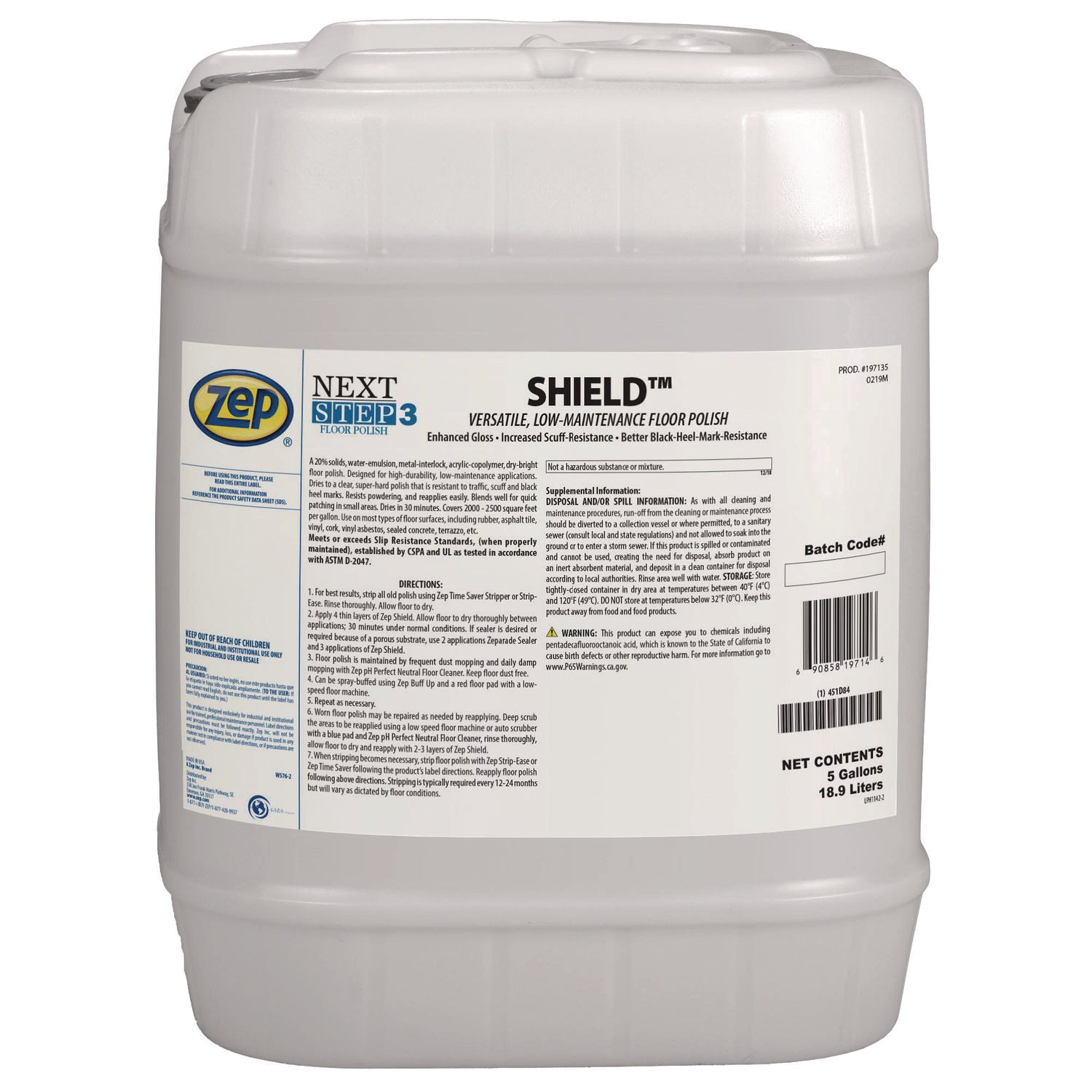 Zep Commercial SHIELD Floor Polish - For Floor, Multipurpose - 640 fl oz (20 quart) - 1 Each - Water Based, Durable, Scuff Resistant, Black Mark Resistant, Slip Resistant - Milky White - 1