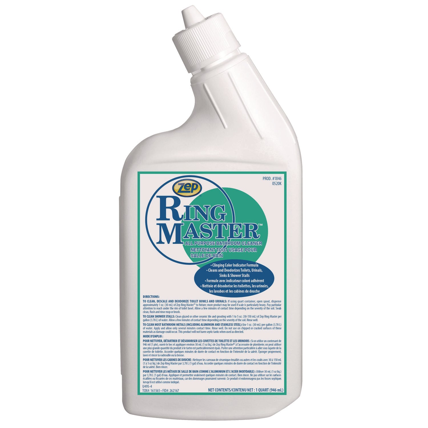 Zep Commercial Ring Master All-Purpose High Acid Cleaner - 32 fl oz (1 quart) - 12 / Box - Odor Resistant, Fume-free, Easy to Use, Dilutable - Lime Green - 1
