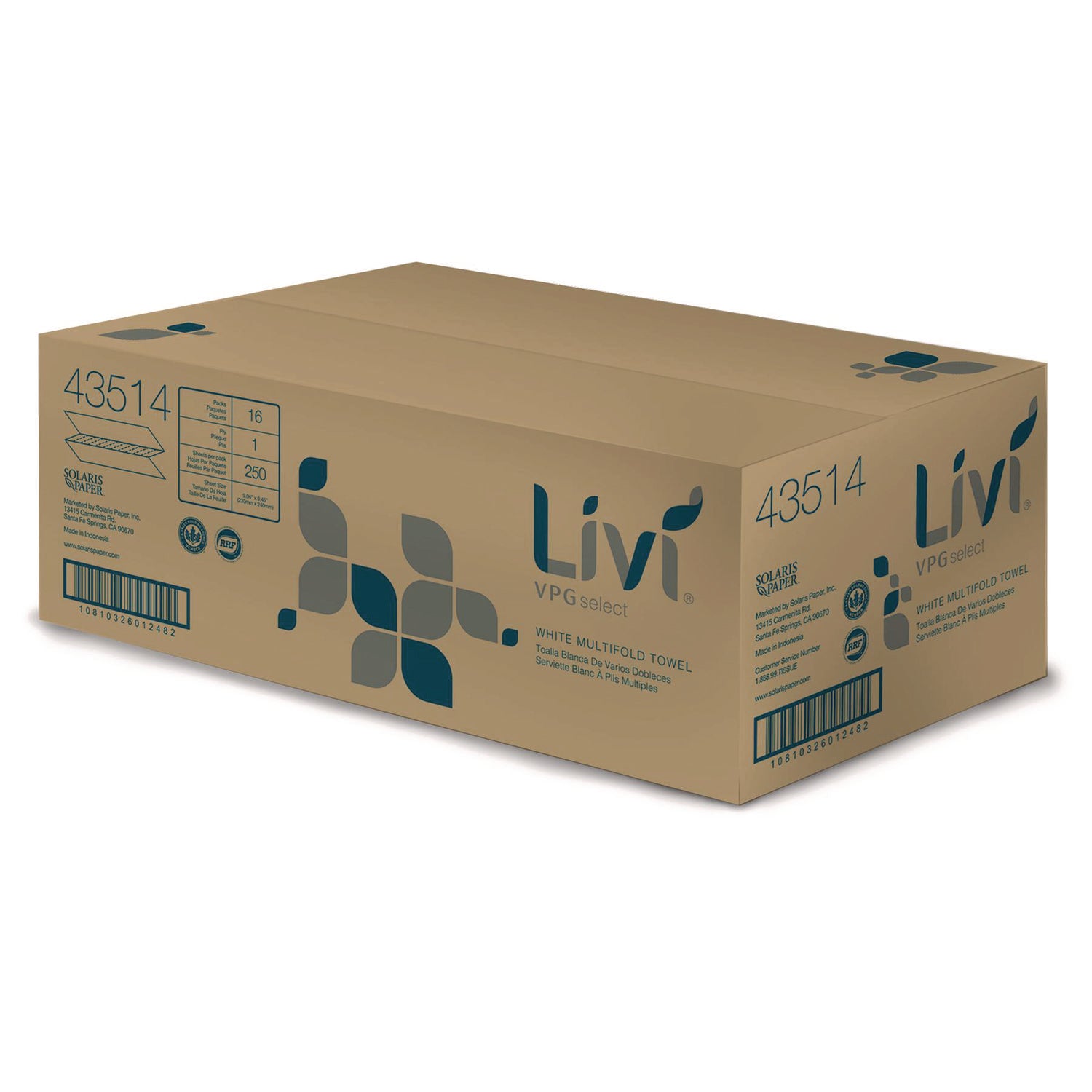 Livi VPG Select Multifold Towel - 1 Ply - Multifold - 9.06" x 9.45" - White - Virgin Fiber - Soft, Embossed, Absorbent, Eco-friendly - For Office Building - 250 Per Pack - 16 / Carton - 2