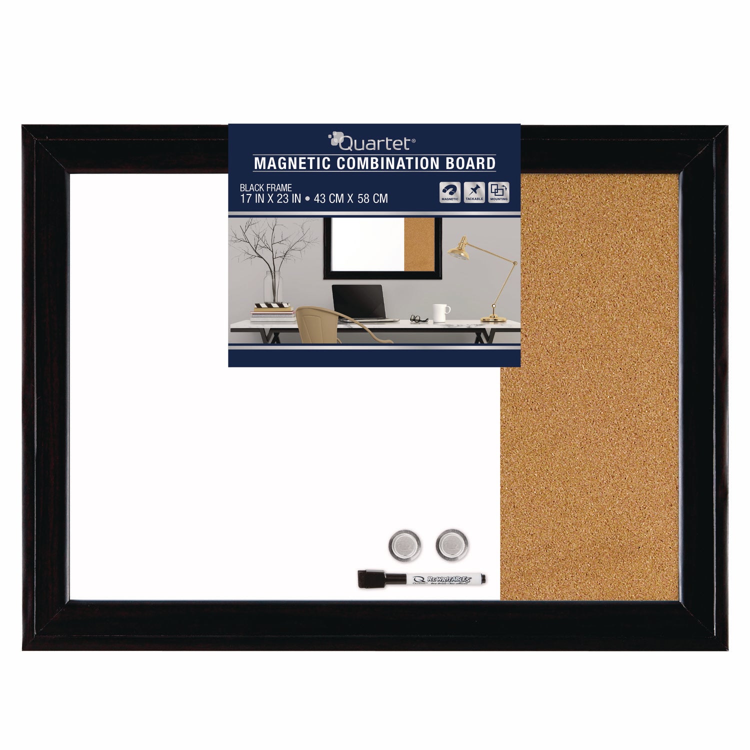 Home Decor Magnetic Combo Dry Erase Board with Cork Board on Side, 23 x 17, Tan/White Surface, Black Wood Frame - 2