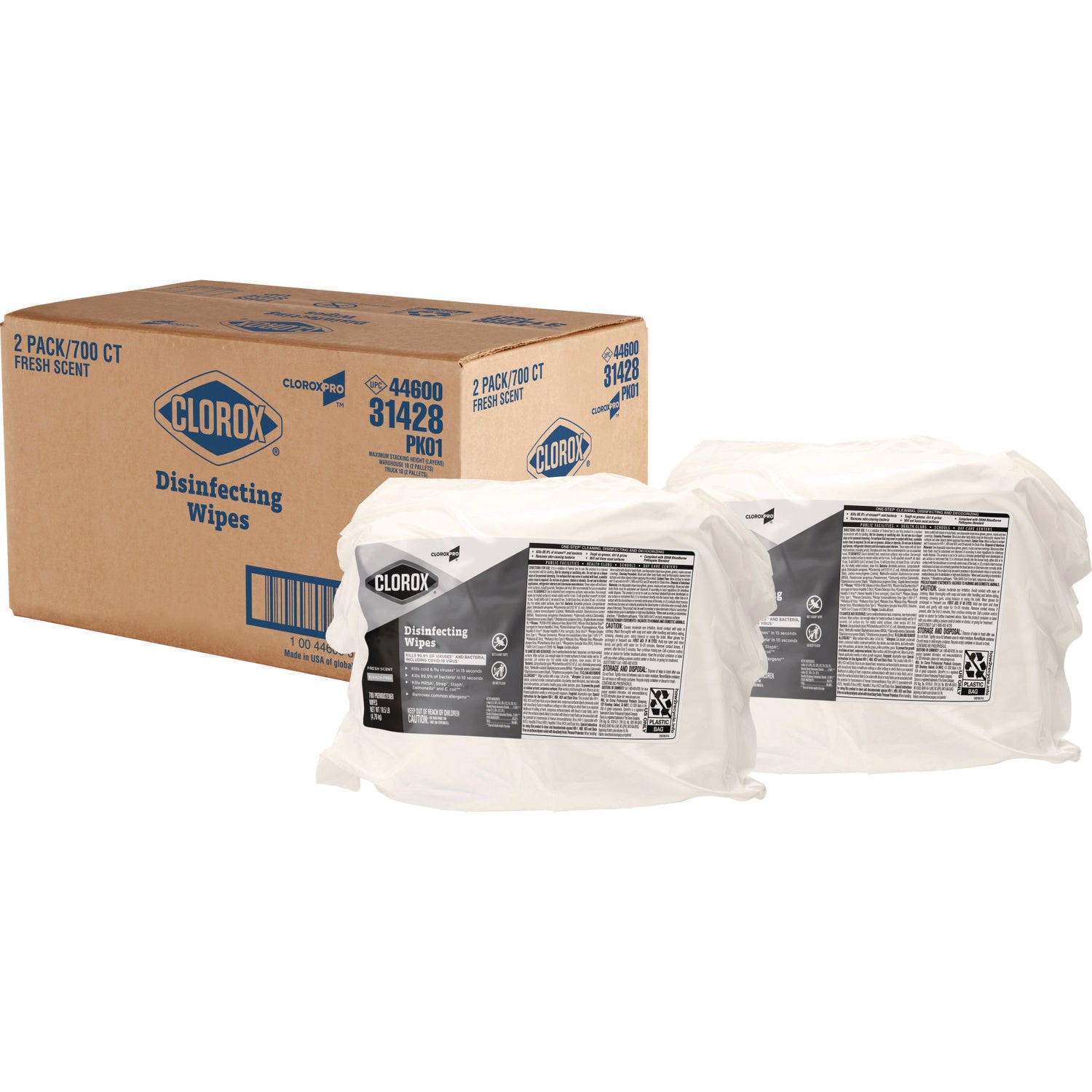 Disinfecting Wipes, 1-Ply, 7 x 8, Fresh Scent, White, 700/Bag Refill, 2 Bags/Carton - 1