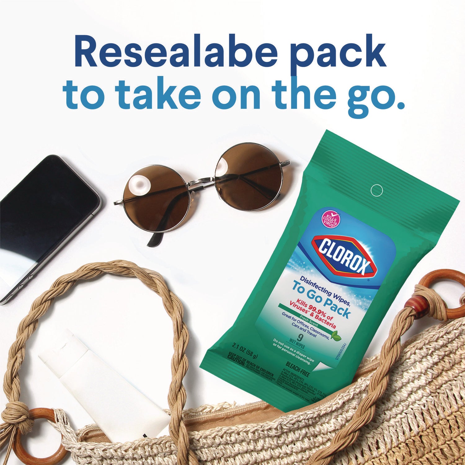 Clorox On The Go Bleach-Free Disinfecting Wipes - Ready-To-Use Wipe - Fresh Scent - 9 / Pack - 1 Each - White - 2