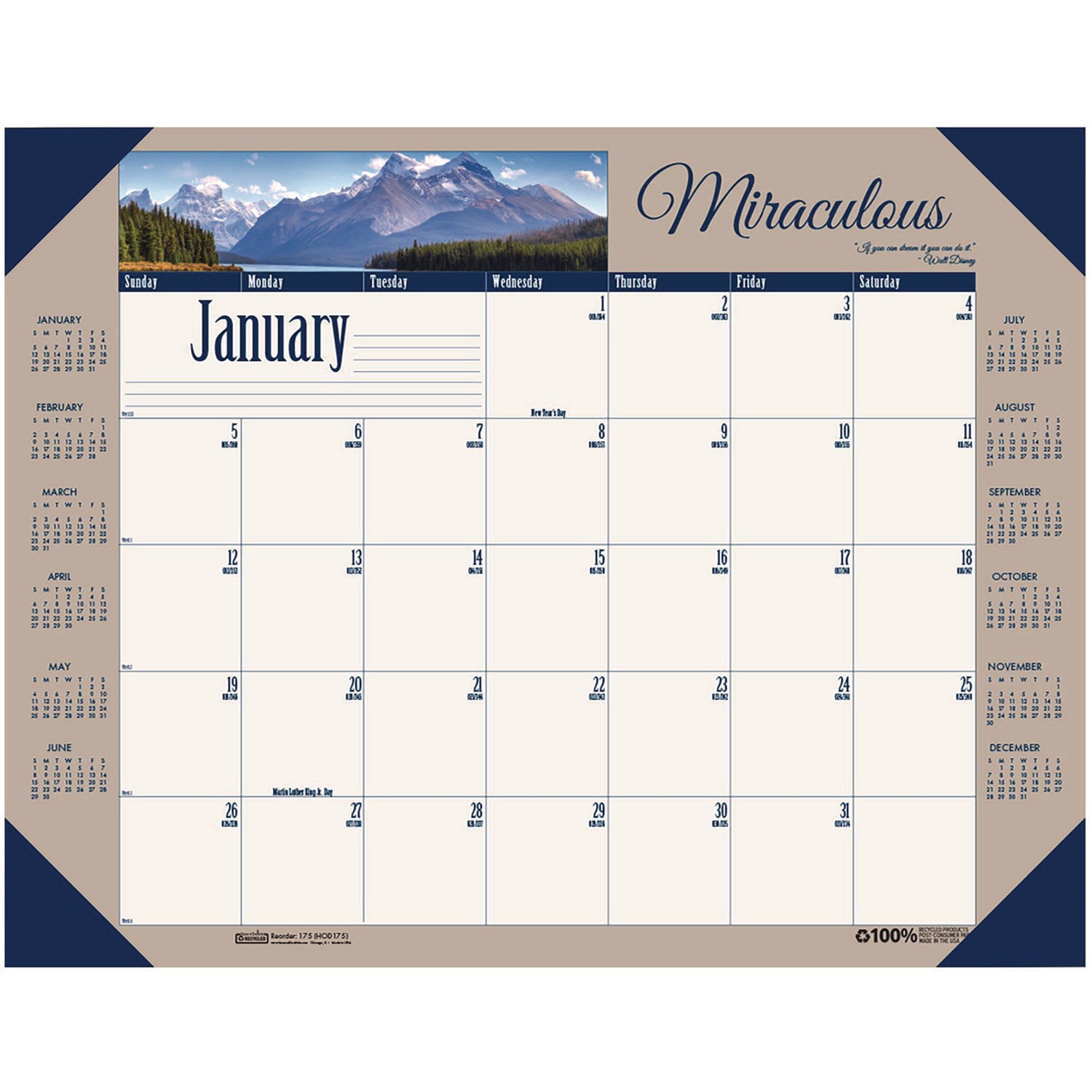 Earthscapes Recycled Monthly Desk Pad Calendar, Motivational Photos, 22 x 17, Blue Binding/Corners, 12-Month (Jan-Dec): 2024 - 2