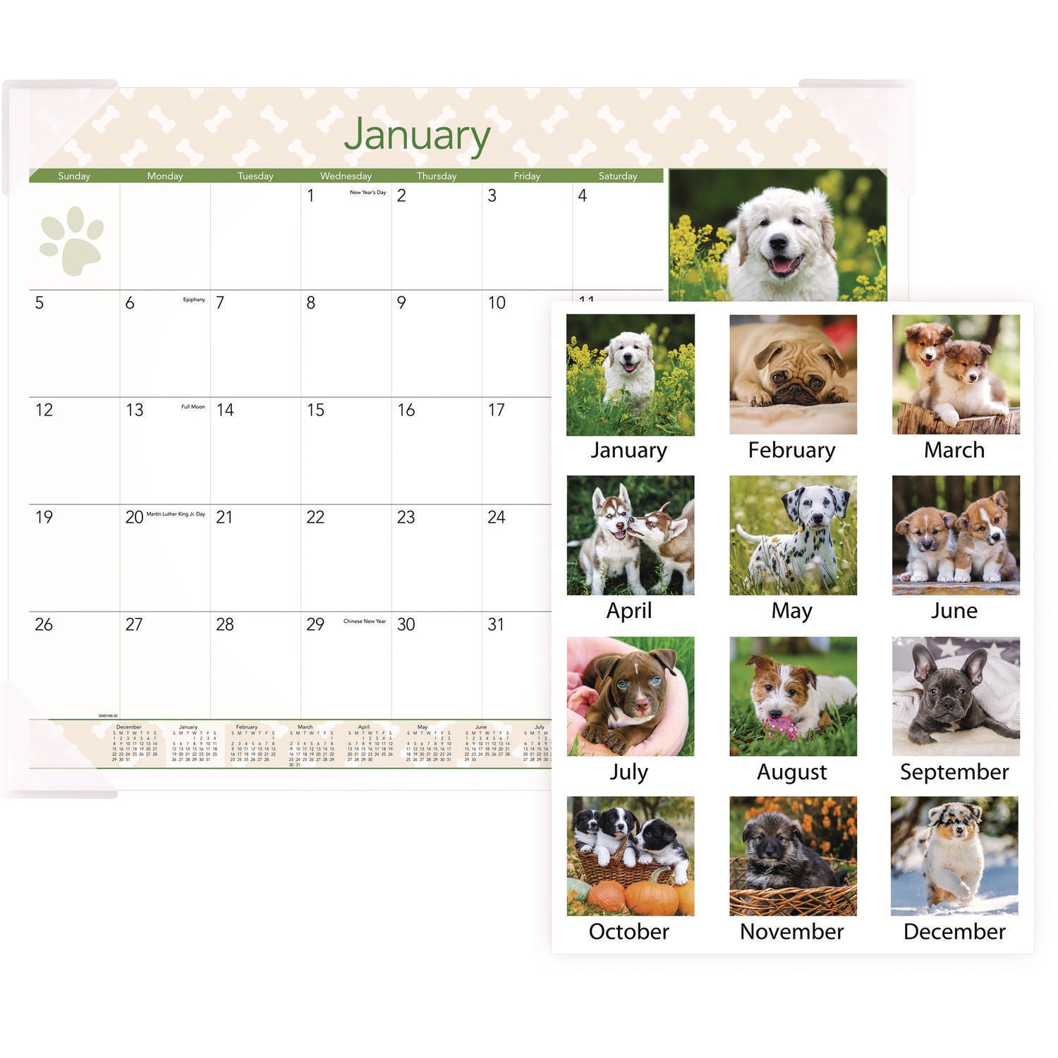 At-A-Glance Puppies Desk Pad - Standard Size - Monthly - 12 Month - January 2024 - December 2024 - 1 Month Single Page Layout - 21 3/4" x 17" White Sheet - Desktop, Desk Pad - White - Paper - Full-color Photos of Puppies, Bleed Resistant Paper, Unrul - 2