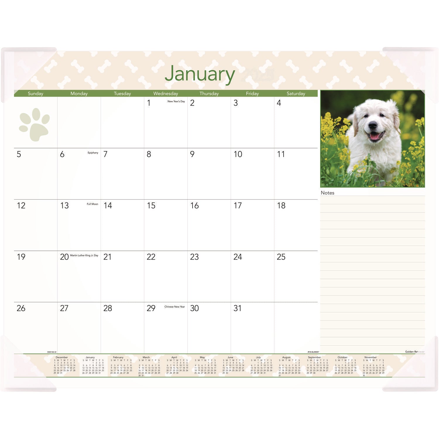 At-A-Glance Puppies Desk Pad - Standard Size - Monthly - 12 Month - January 2024 - December 2024 - 1 Month Single Page Layout - 21 3/4" x 17" White Sheet - Desktop, Desk Pad - White - Paper - Full-color Photos of Puppies, Bleed Resistant Paper, Unrul - 1