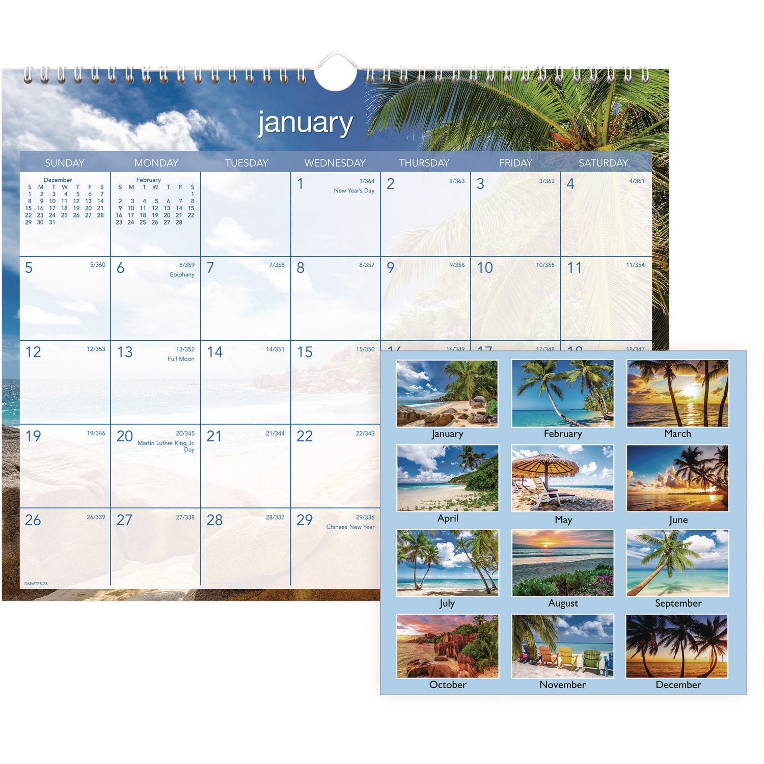 At-A-Glance Tropical Escape Wall Calendar - Medium Size - Julian Dates - Monthly - 12 Month - January 2024 - December 2024 - 1 Week, 1 Month Single Page Layout - 15" x 12" White Sheet - 2" x 1" Block - Wire Bound - Blue - Chipboard, Paper - Hanging L - 2