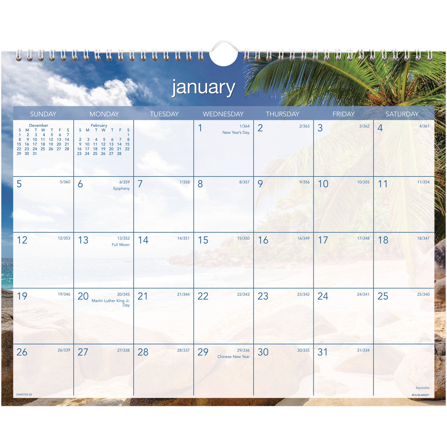 At-A-Glance Tropical Escape Wall Calendar - Medium Size - Julian Dates - Monthly - 12 Month - January 2024 - December 2024 - 1 Week, 1 Month Single Page Layout - 15" x 12" White Sheet - 2" x 1" Block - Wire Bound - Blue - Chipboard, Paper - Hanging L - 1