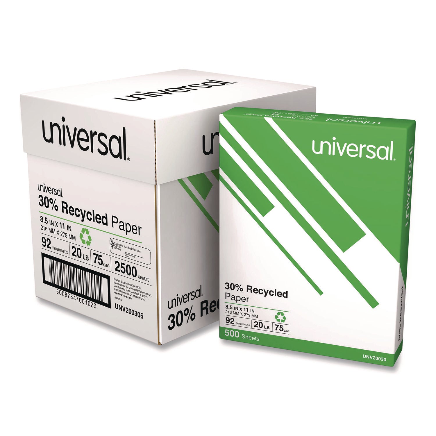 30% Recycled Copy Paper, 92 Bright, 20 lb Bond Weight, 8.5 x 11, White, 500 Sheets/Ream, 5 Reams/Carton - 1