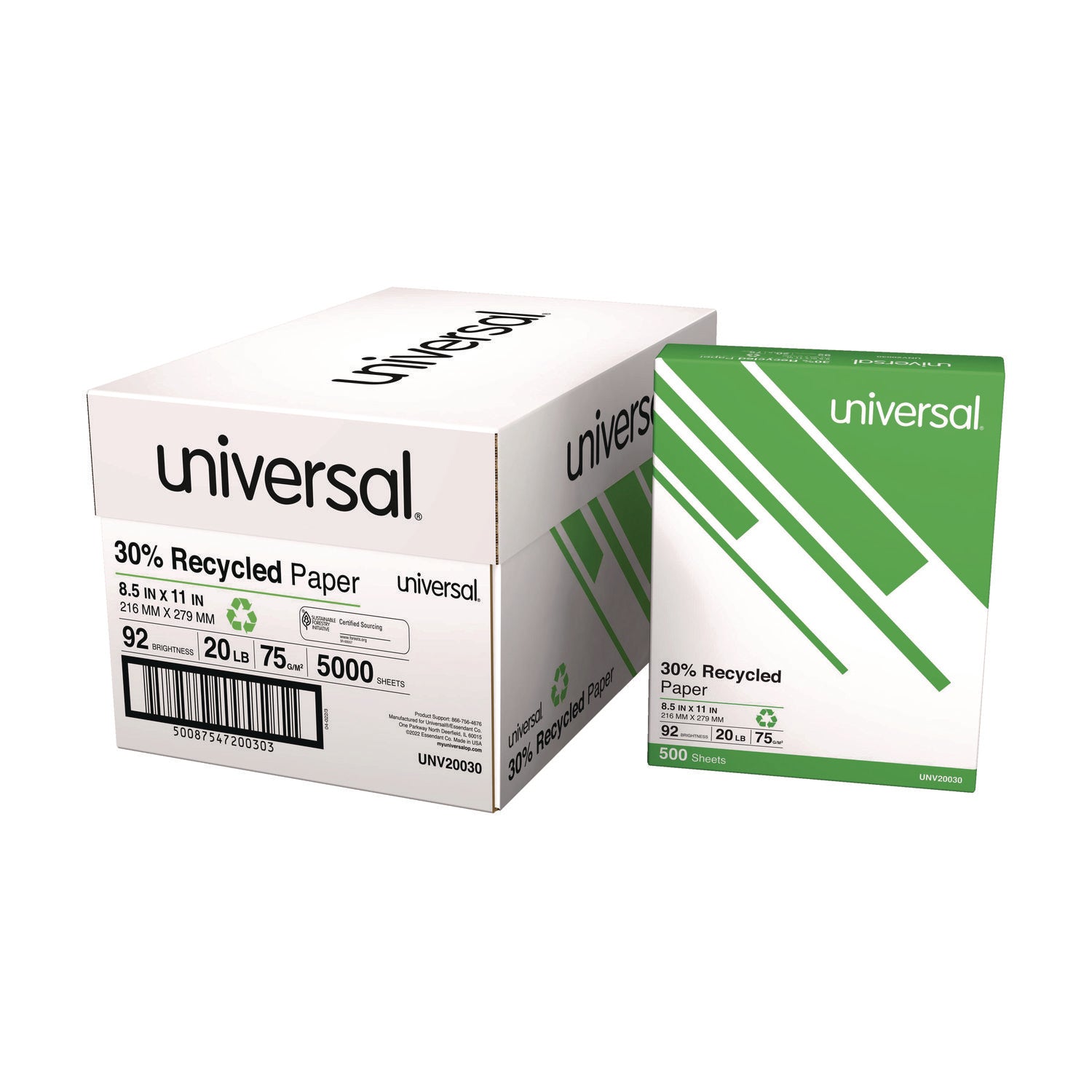 30% Recycled Copy Paper, 92 Bright, 20 lb Bond Weight, 8.5 x 11, White, 500 Sheets/Ream, 10 Reams/Carton, 40 Cartons/Pallet - 2