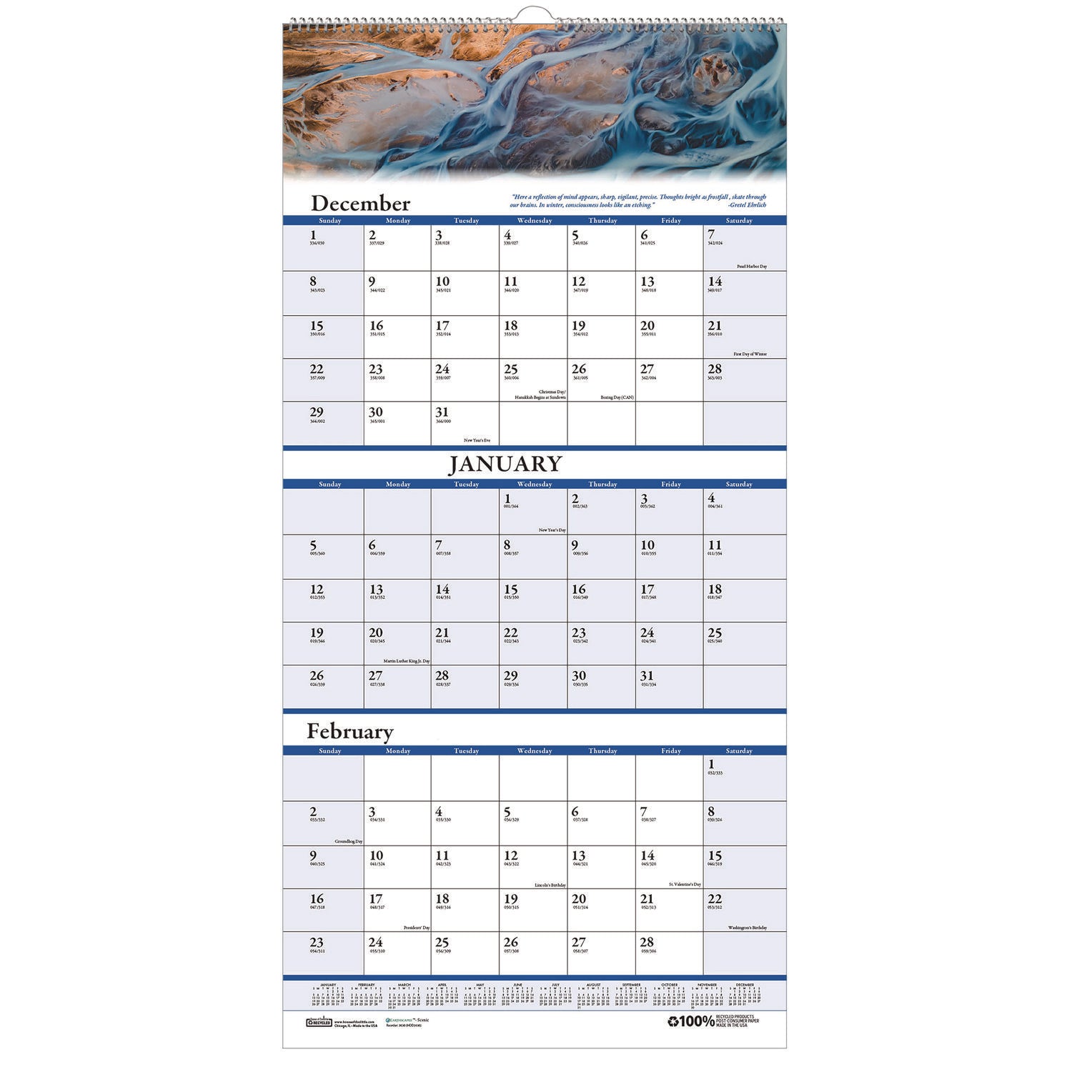 Earthscapes Recycled 3-Month Vertical Wall Calendar, Scenic Photography, 8 x 17, White Sheets, 14-Month (Dec-Jan): 2023-2025 - 2