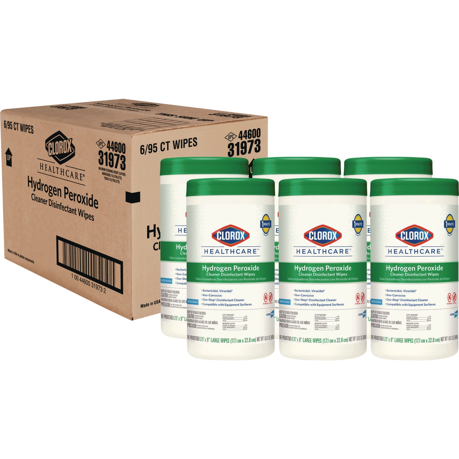 Hydrogen Peroxide Cleaner Disinfectant Wipes, 9 x 6.75, Unscented, White, 95/Canister, 6 Canisters/Carton - 1