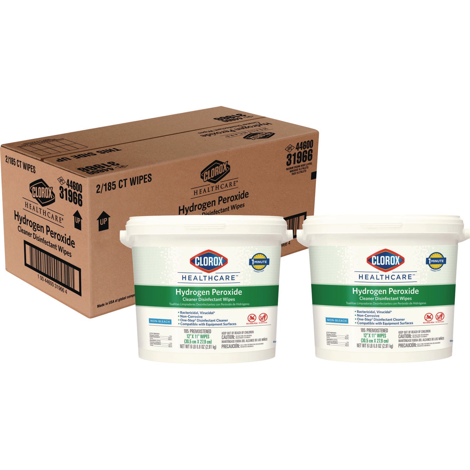 Hydrogen Peroxide Cleaner Disinfectant Wipes, 11 x 12, Unscented, White, 185/Canister, 2 Canisters/Carton - 1