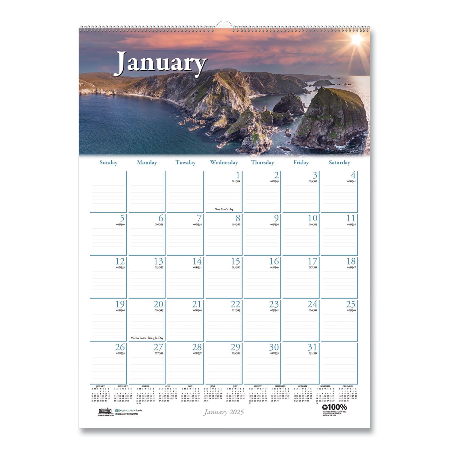 House of Doolittle Earthscapes Scenic Wall Calendars - Julian Dates - Monthly - 1 Year - January 2024 - December 2024 - 1 Month Single Page Layout - 12" x 16 1/2" Sheet Size - 2" x 1.63" Block - Wire Bound - White - Paper - Reference Calendar, Hangin - 2